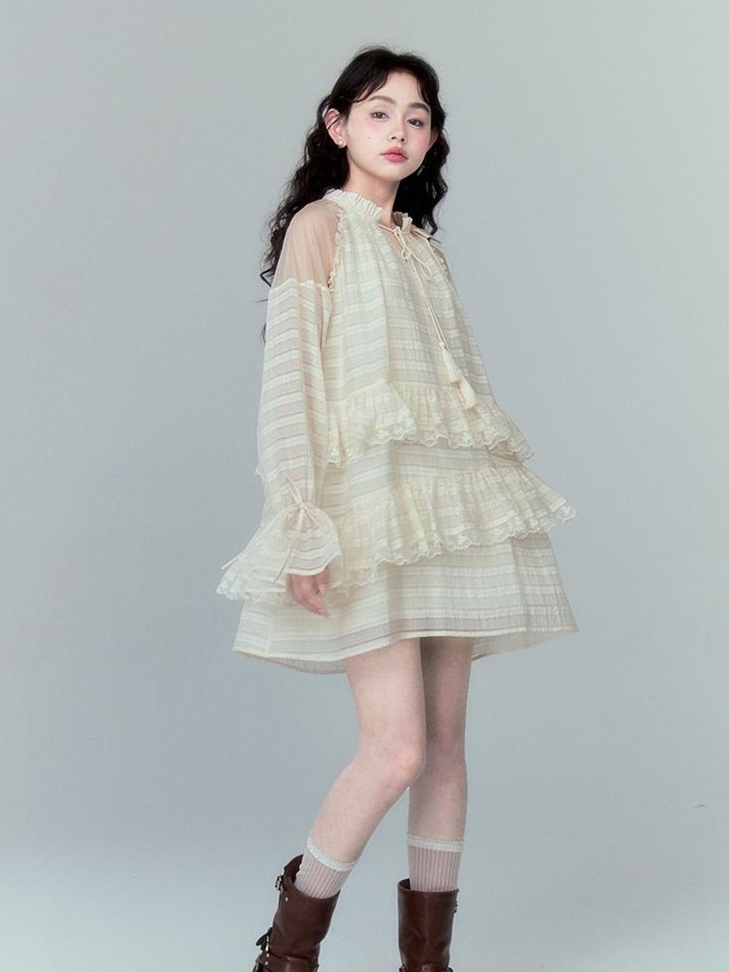 DIDDI MODA Layered Tulle Midi Dress With Fringe Lace Details