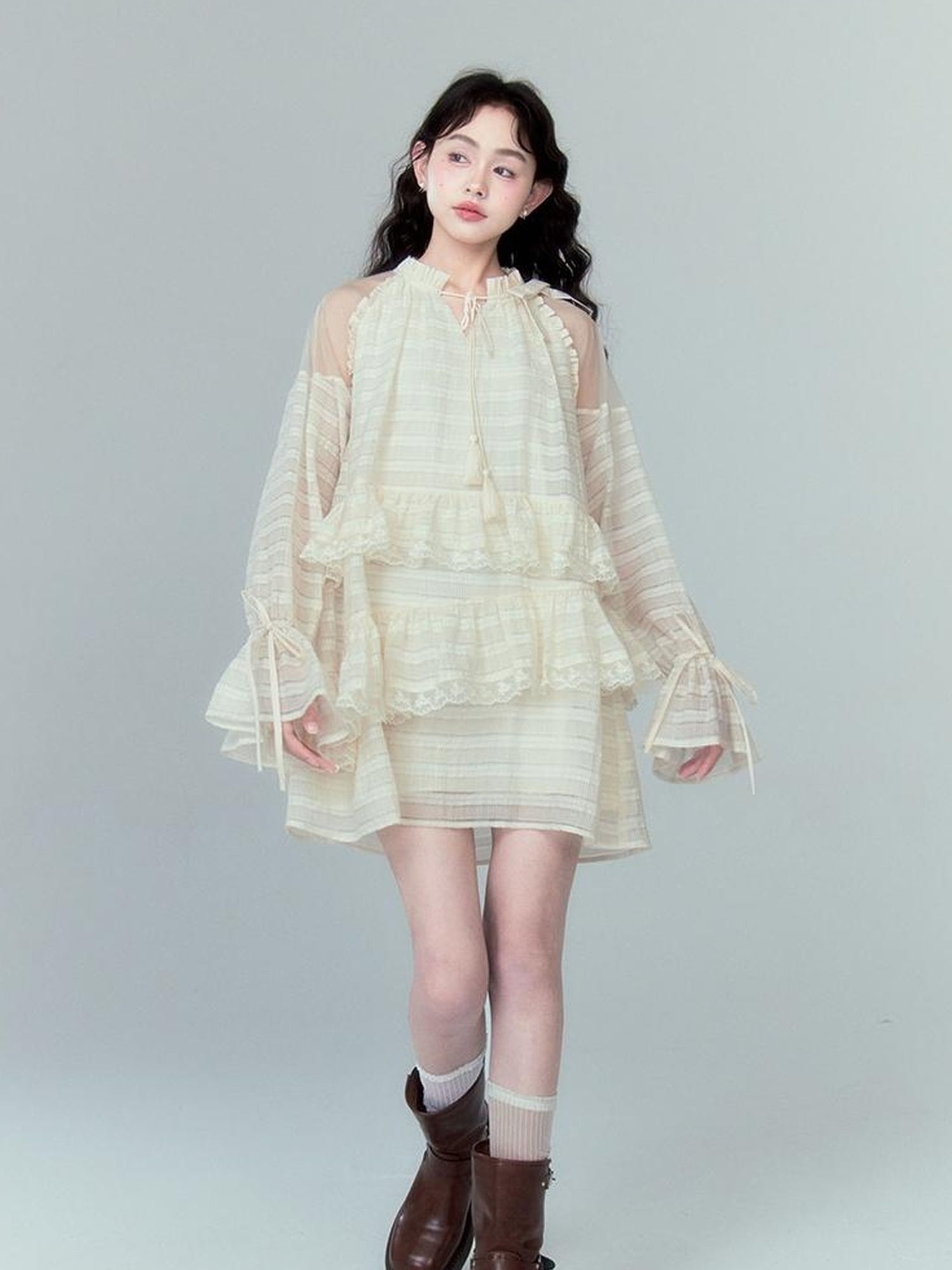 DIDDI MODA Layered Tulle Midi Dress With Fringe Lace Details