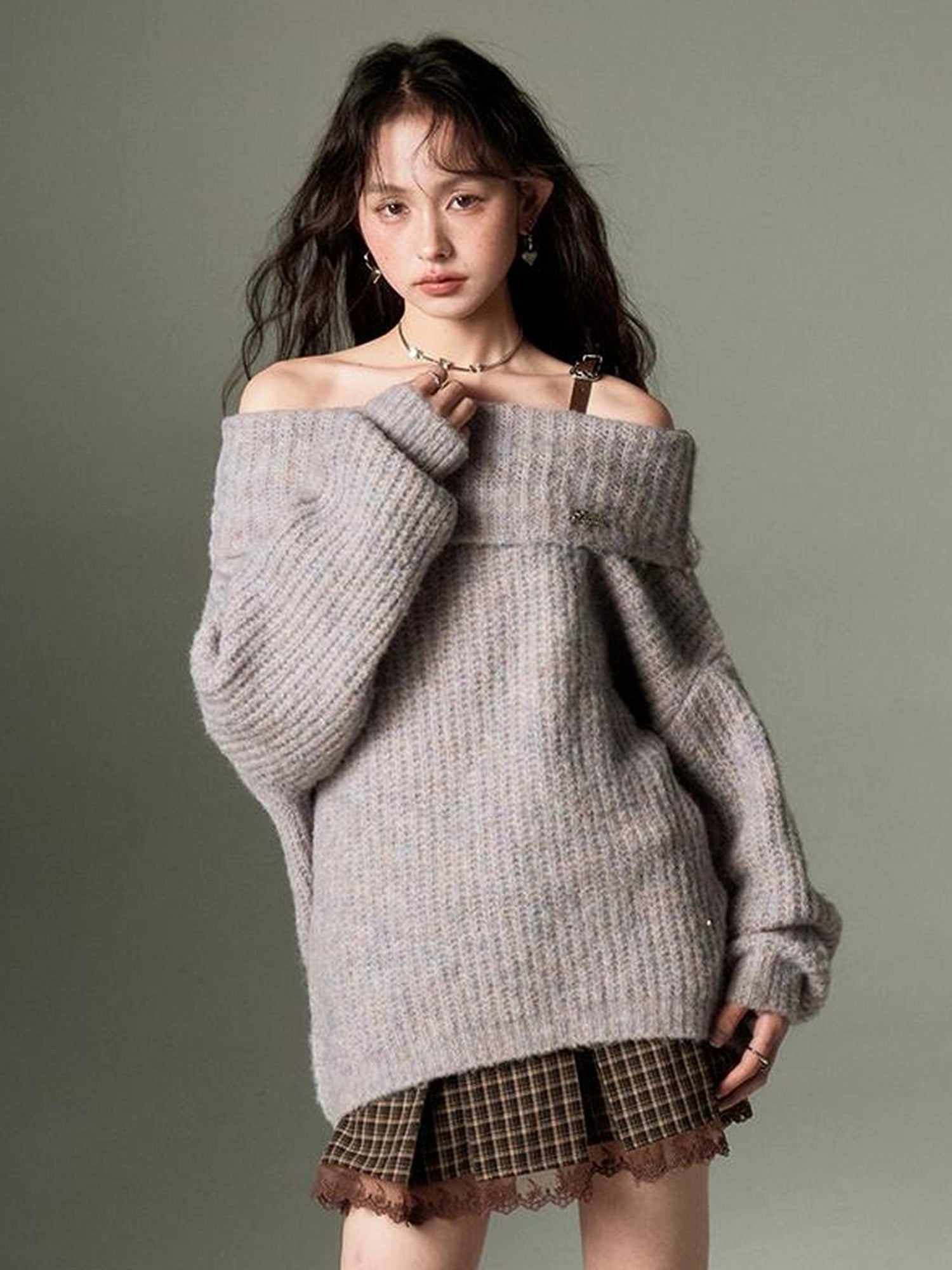 DIDDI MODA Lazy Chic One Shoulder Wool Sweater