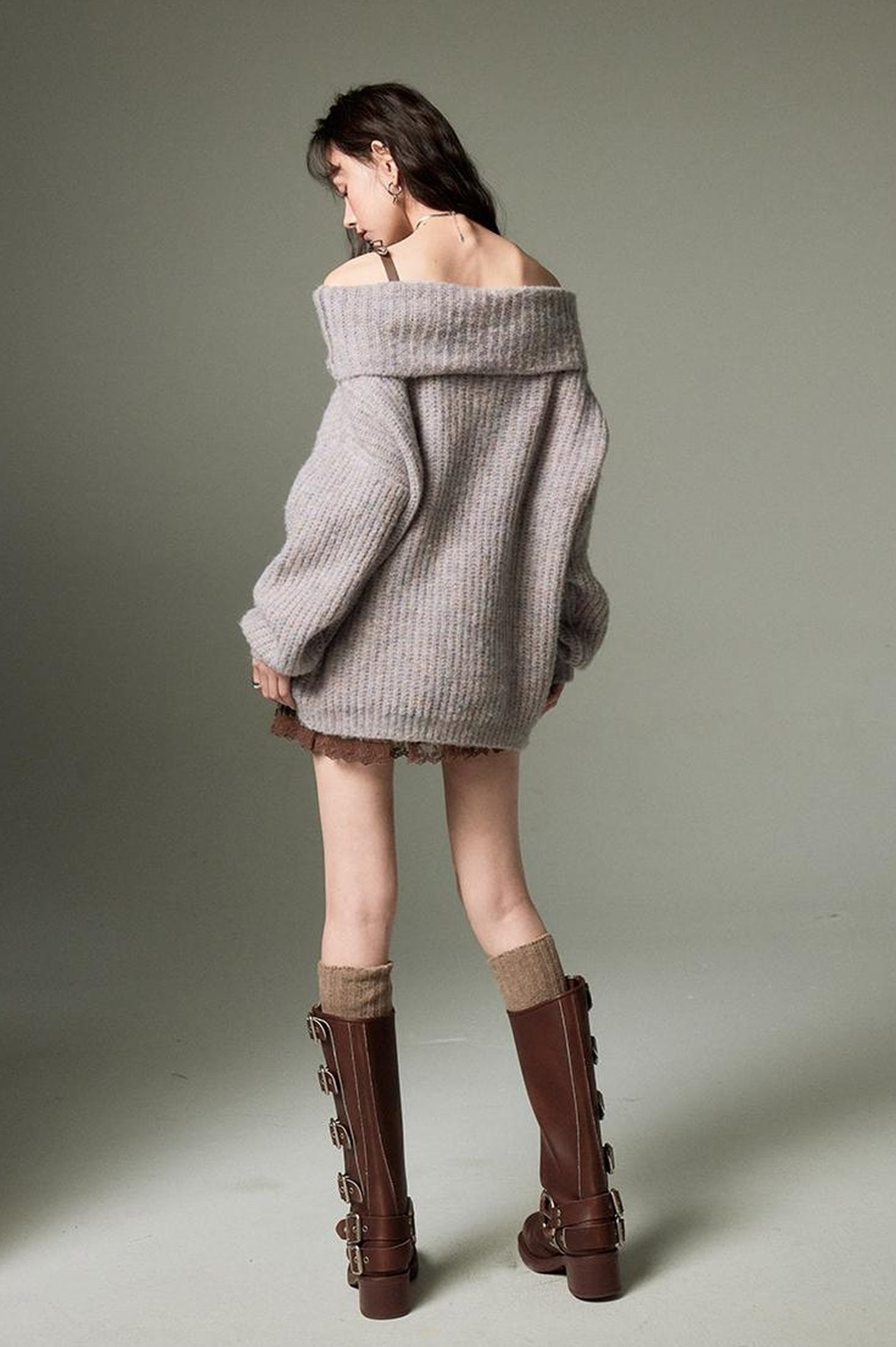 DIDDI MODA Lazy Chic One Shoulder Wool Sweater