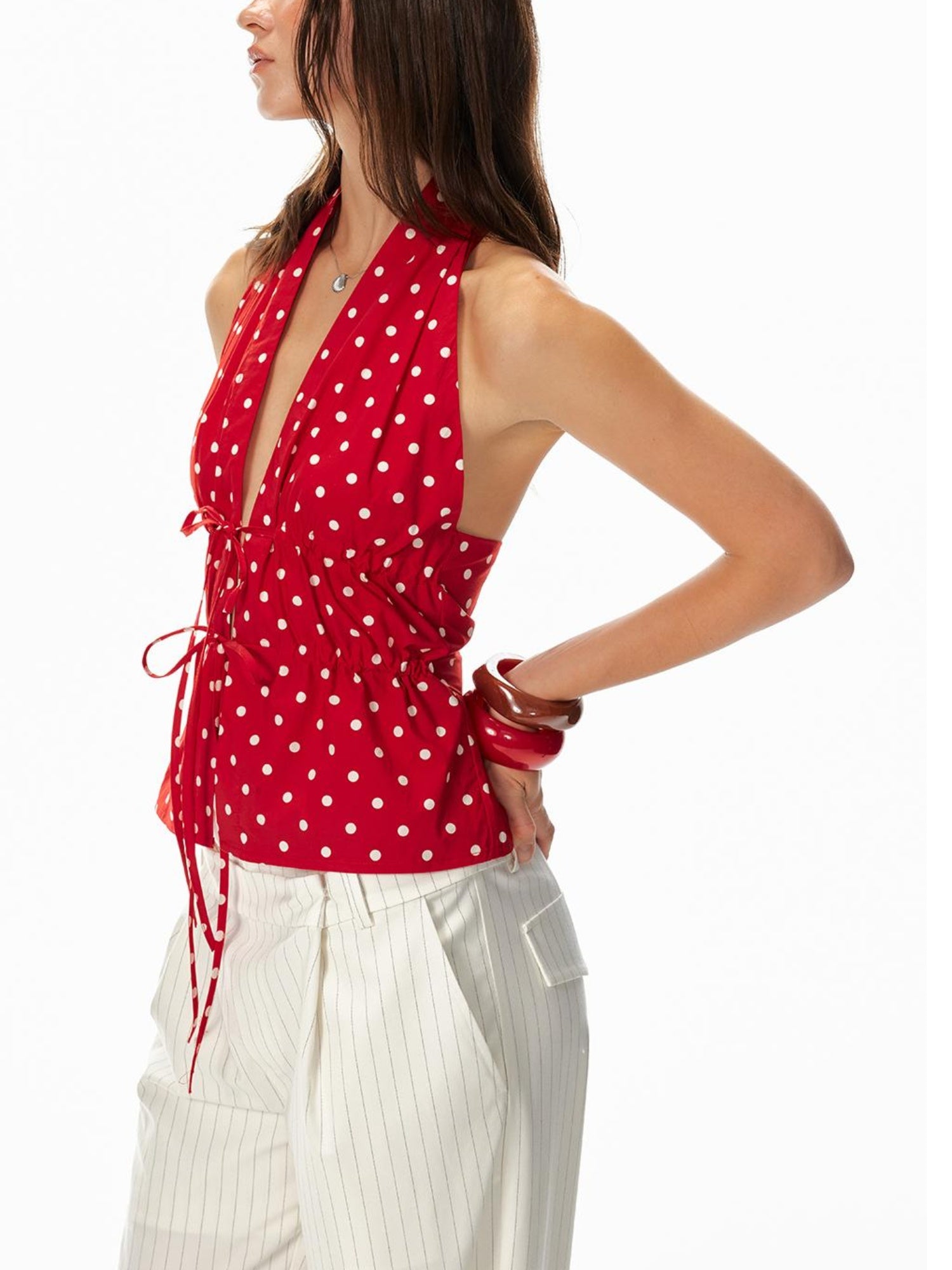 STRIKE A POSE Lazy Dot Backless Sexy Drawstring Halter Fit Top