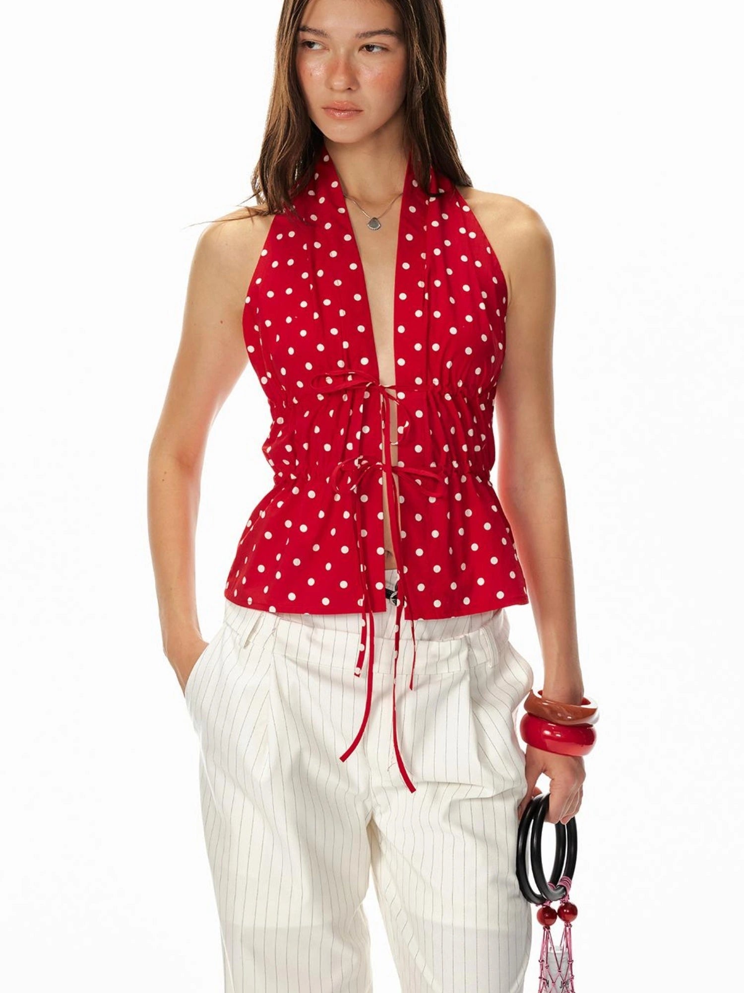 Lazy Dot Backless Sexy Drawstring Halter Fit Top