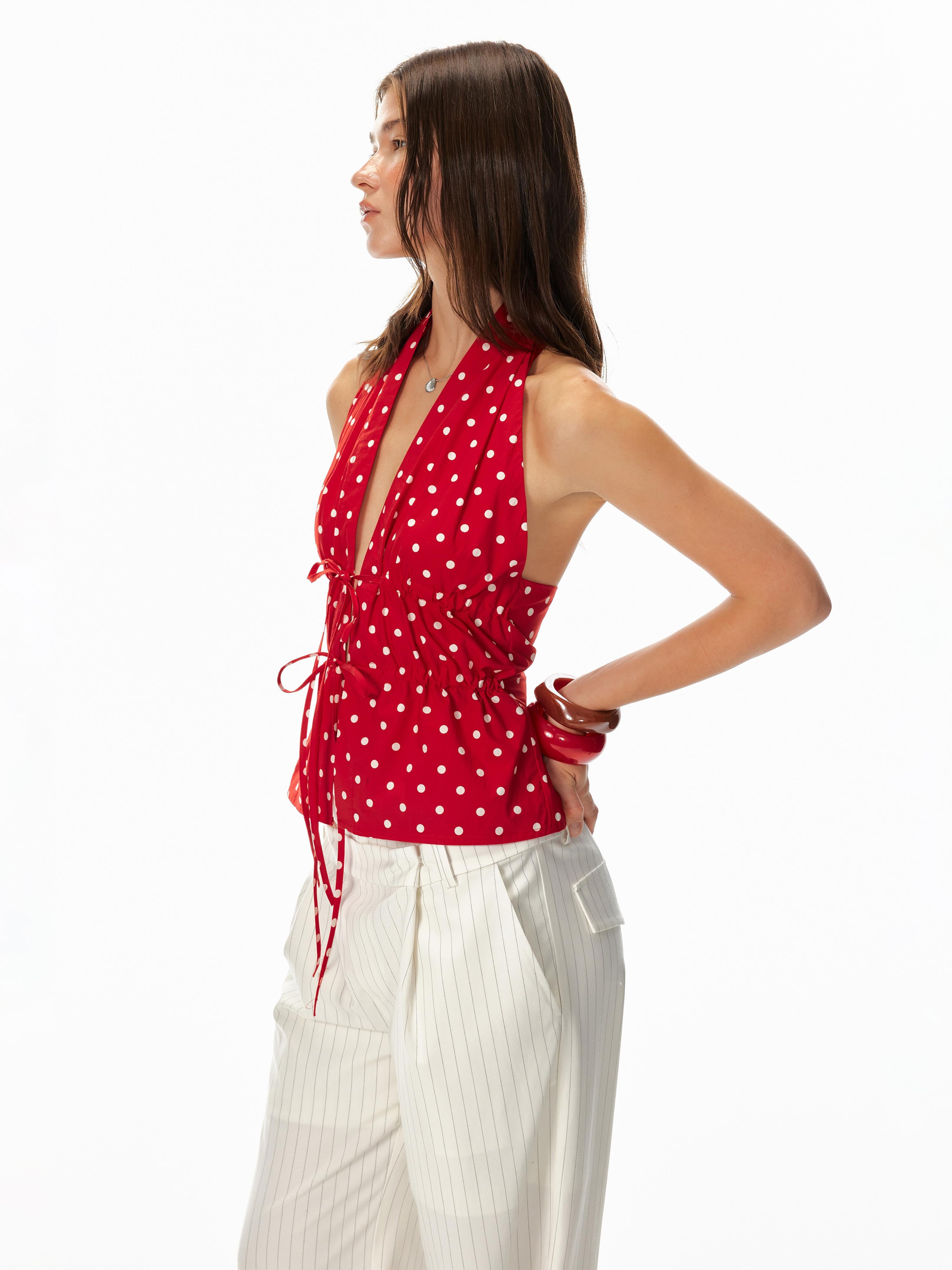 STRIKE A POSE Lazy Dot Backless Sexy Drawstring Halter Fit Top