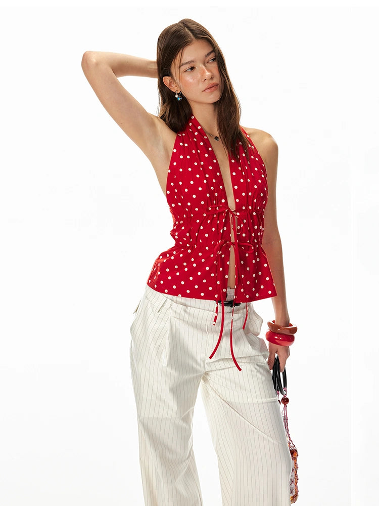 Lazy Dot Backless Sexy Drawstring Halter Fit Top