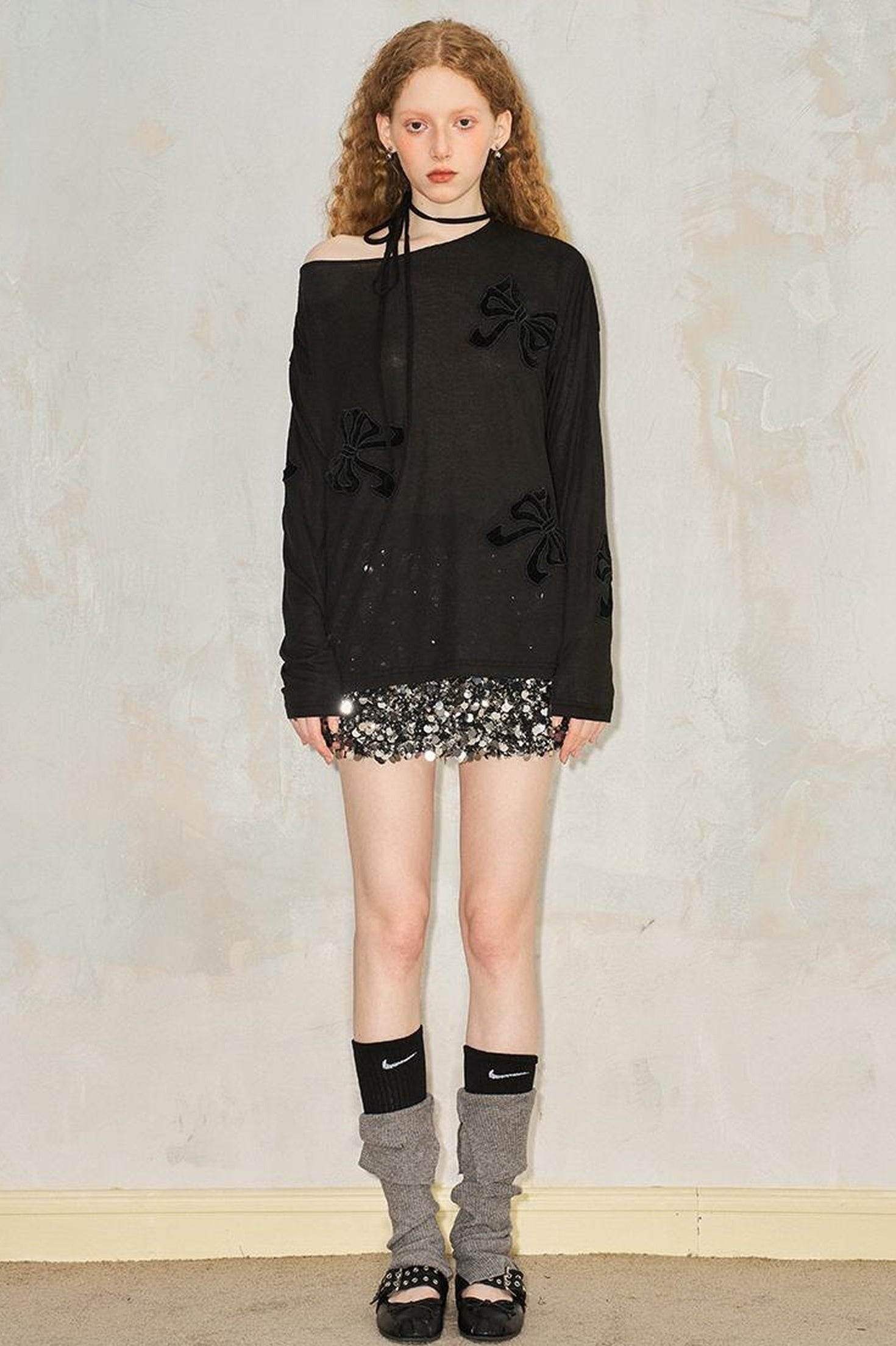 Lazy Off Shoulder Bow Cutout Embroidered Blouse