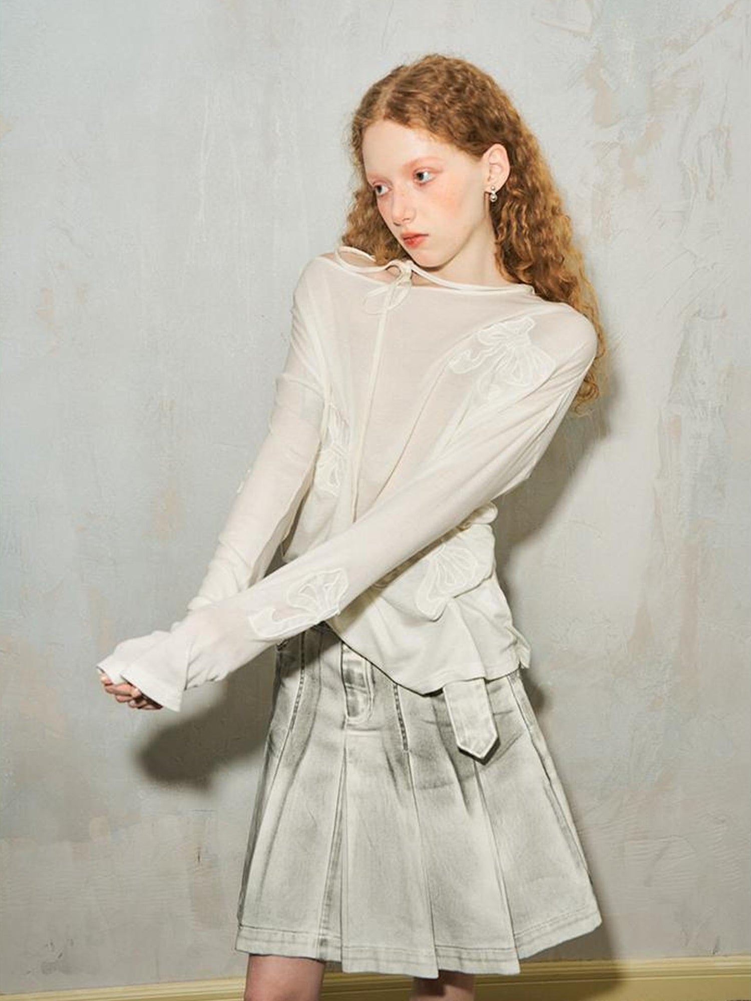 Lazy Off Shoulder Bow Cutout Embroidered Blouse