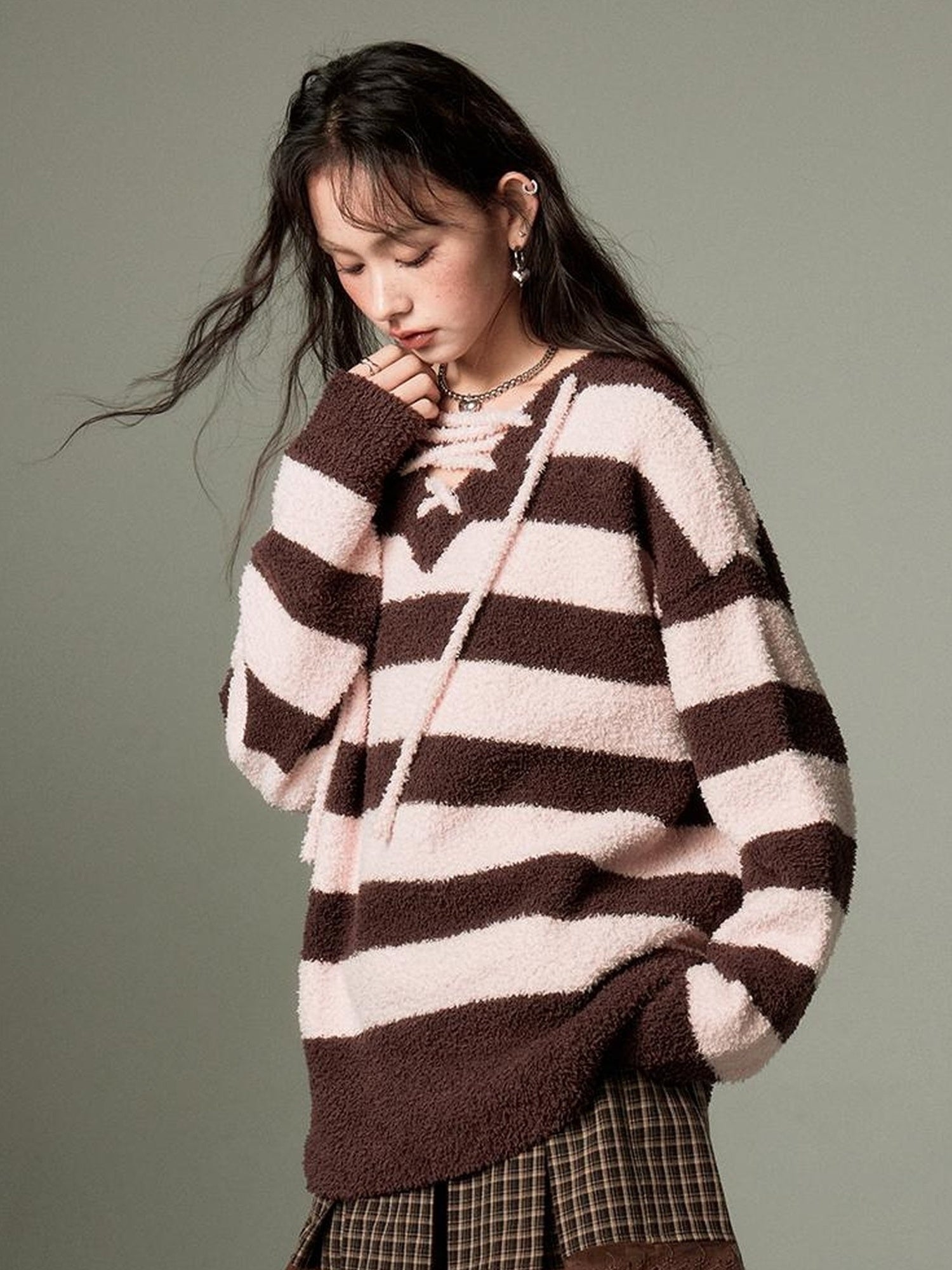 DIDDI MODA Lazy V Striped Knit Tie Front Sweater