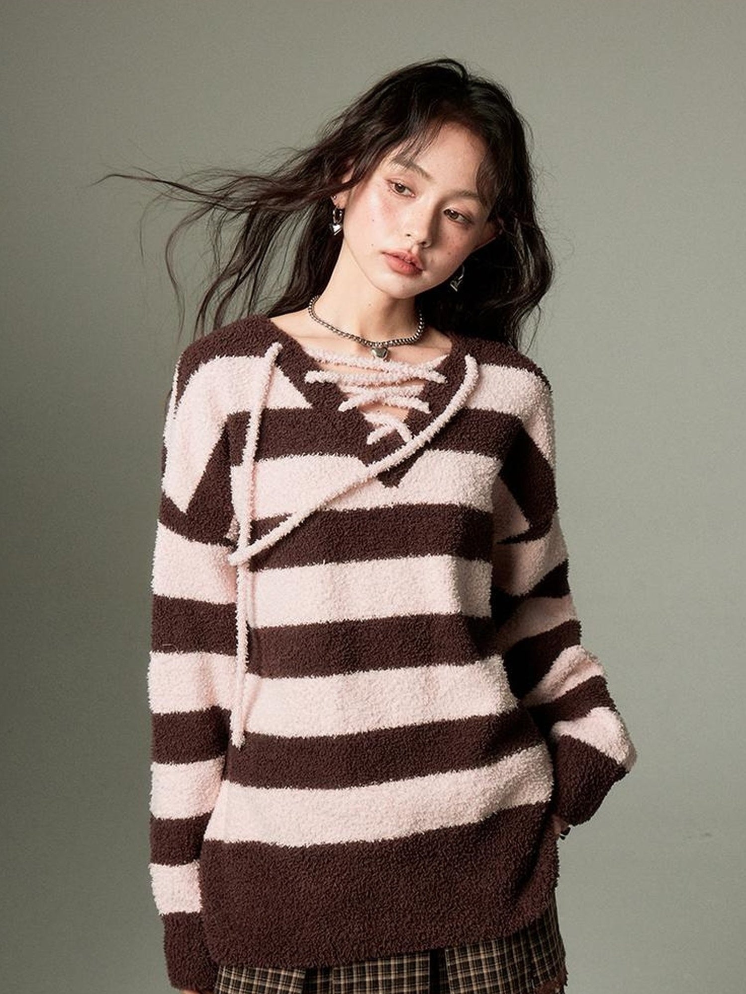 DIDDI MODA Lazy V Striped Knit Tie Front Sweater