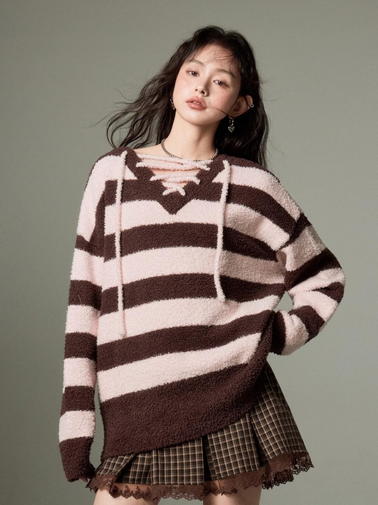 DIDDI MODA Lazy V Striped Knit Tie Front Sweater