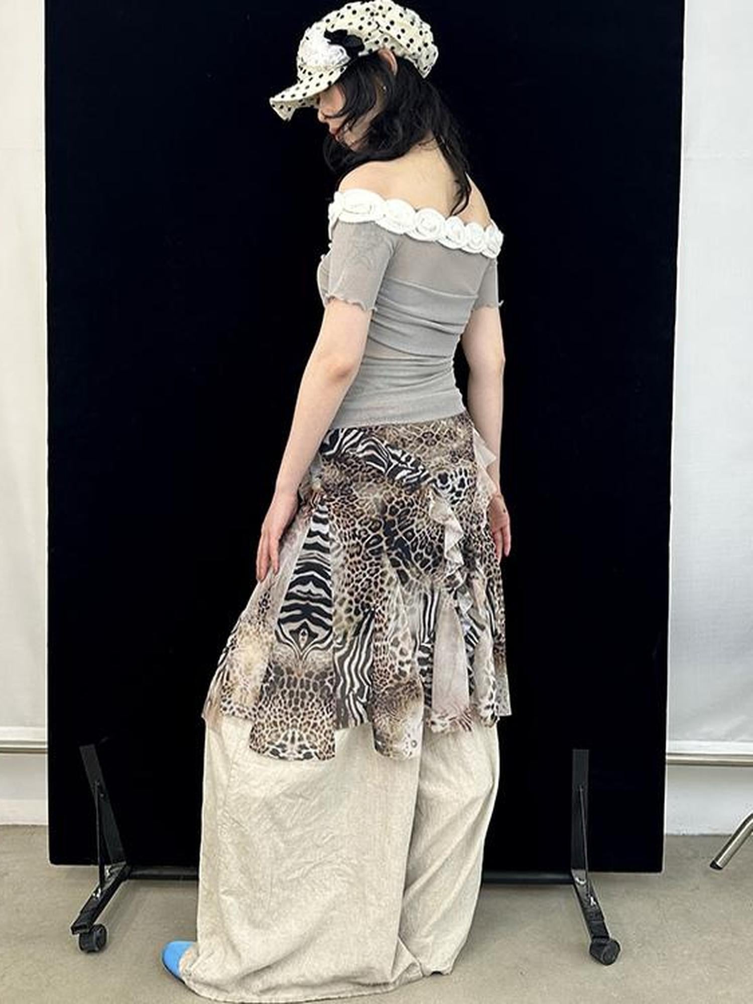 Ttsunami Leopard Print Mesh Skirt With Asymmetrical Hem Midi Skirt