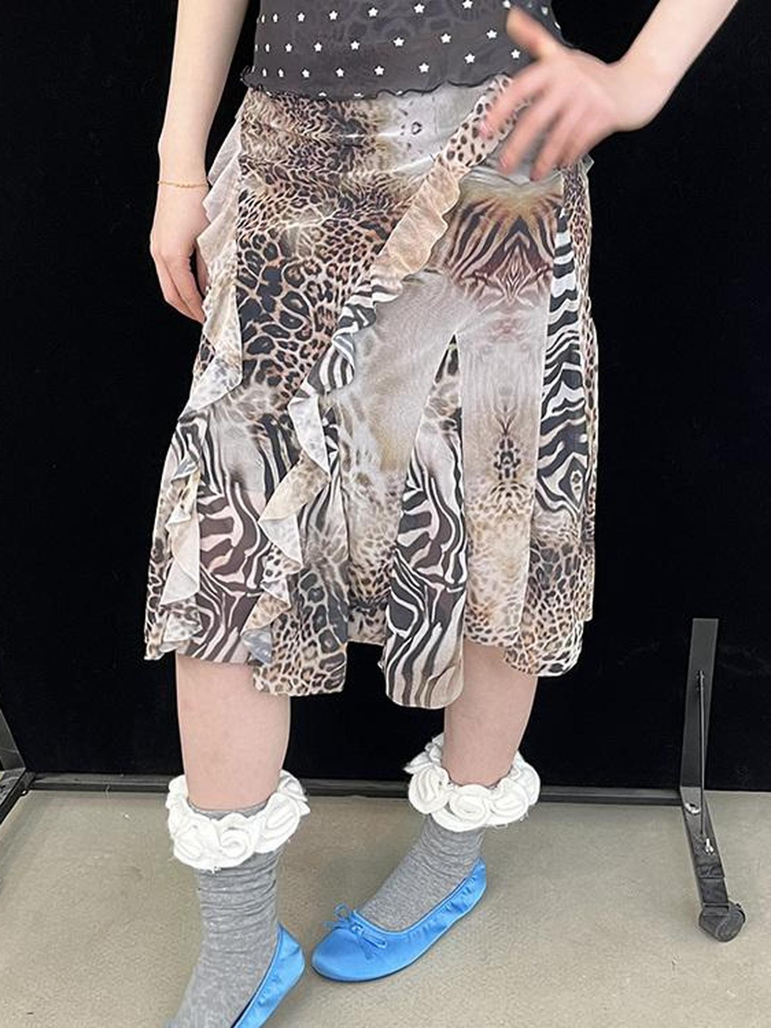Ttsunami Leopard Print Mesh Skirt With Asymmetrical Hem Midi Skirt
