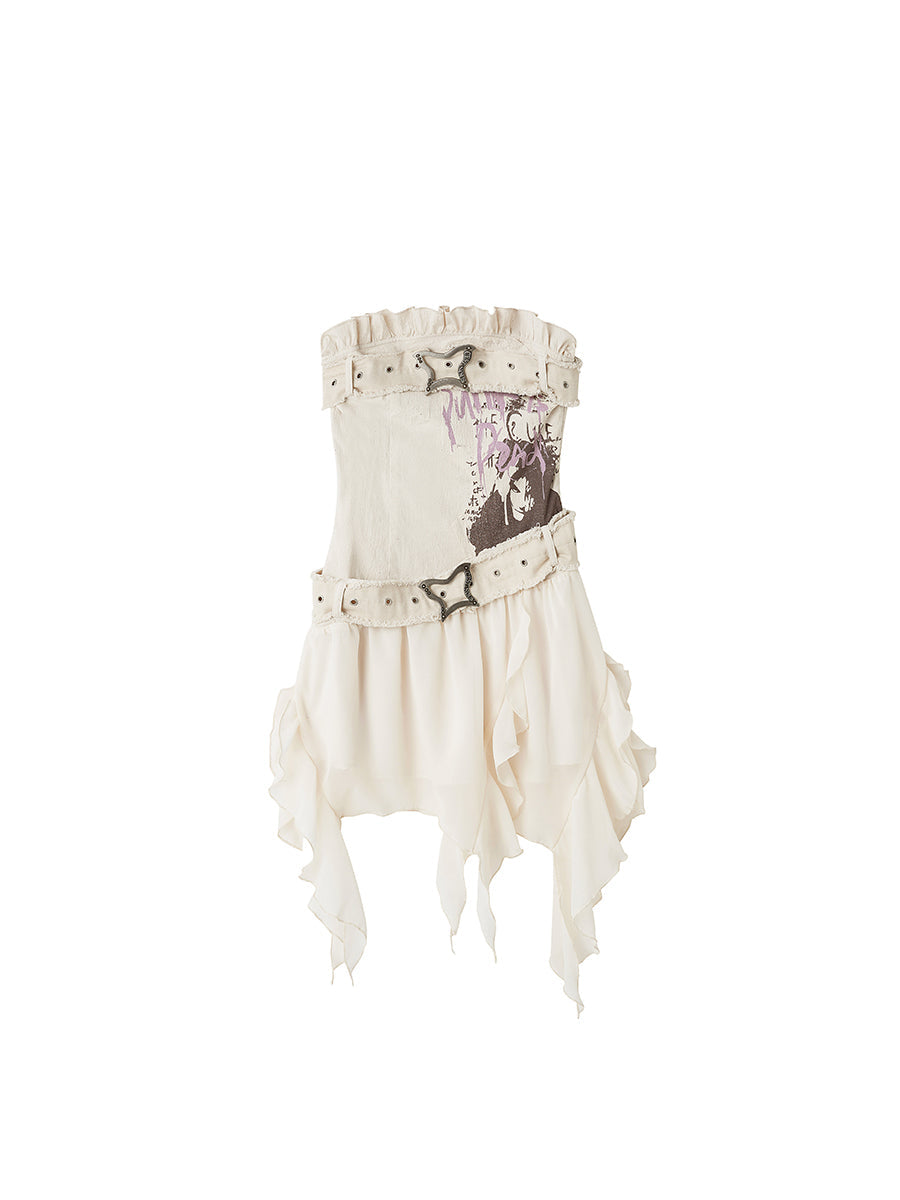 Cest Nous Punk Graffiti Bow Corset V-Neck T-Shirt Long-Sleeve Mini Dress