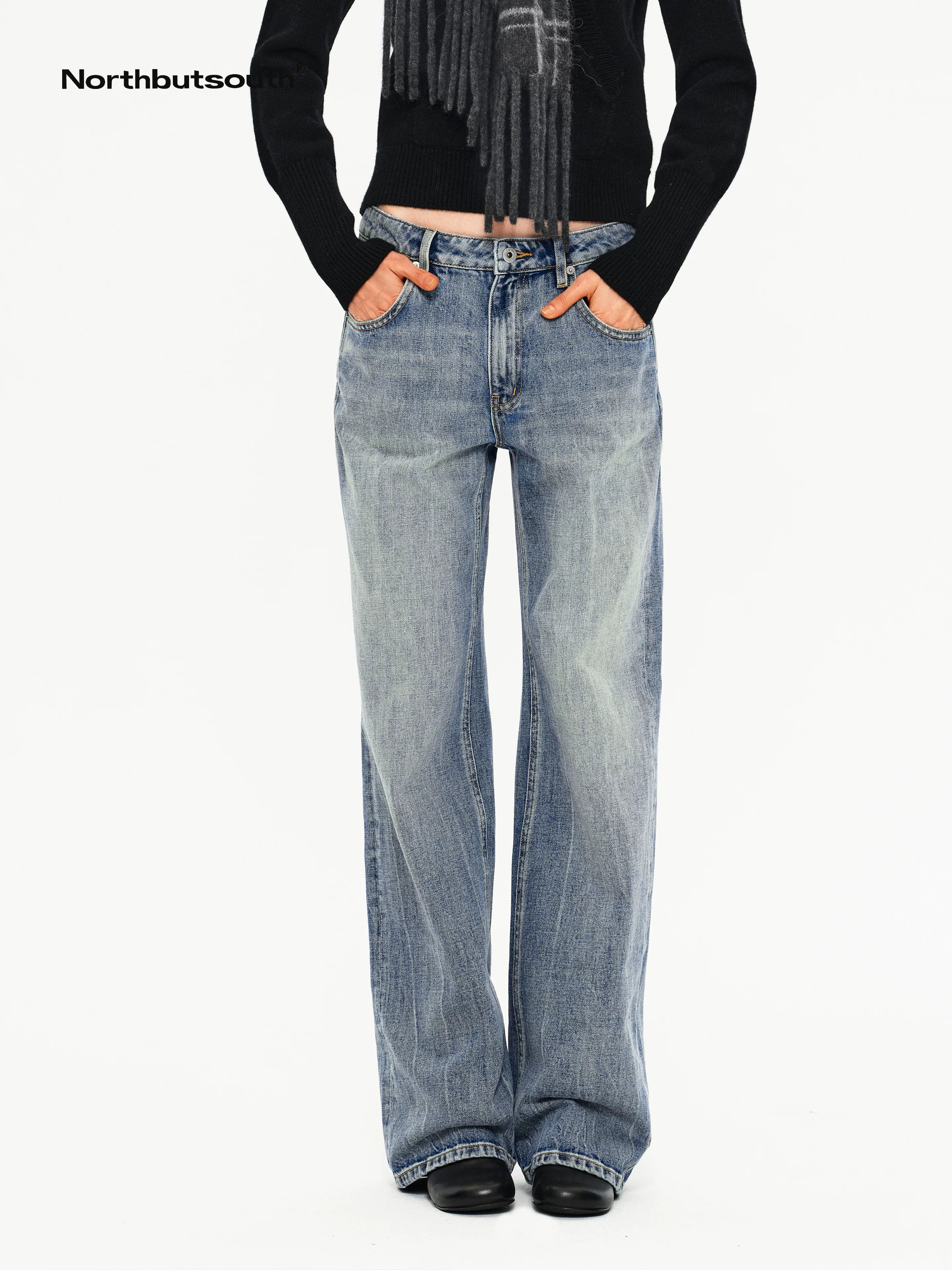 Light Blue Distressed Floral Washed Mid Rise Women&