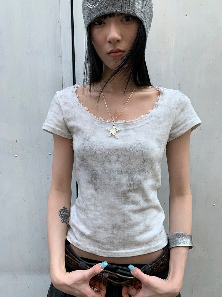 Updateang project Vintage Floral Lace Collar Stretch Slim Tee