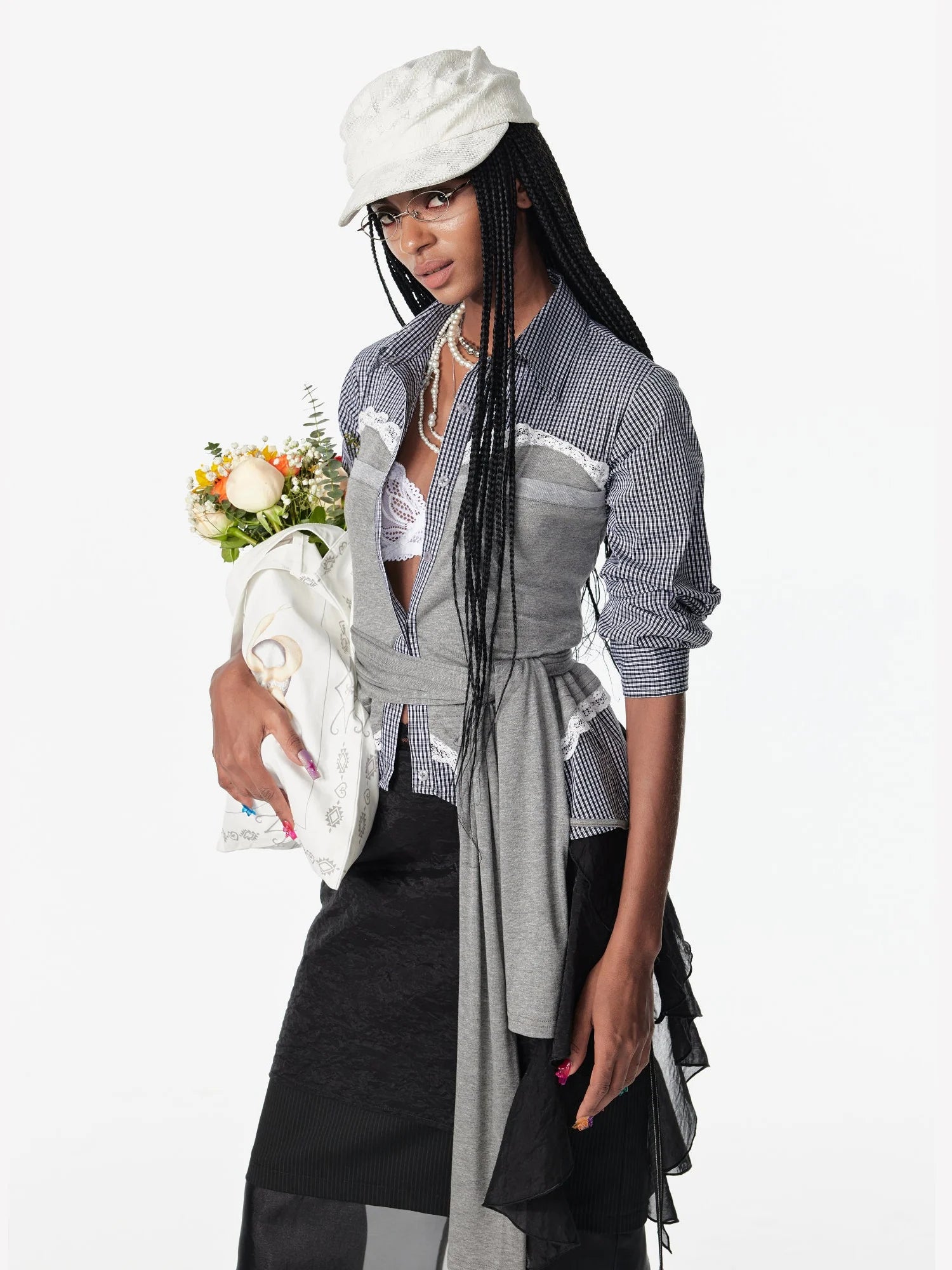 Vintage Lace Plaid Striped Knit Tie Up Long Sleeve Shirt