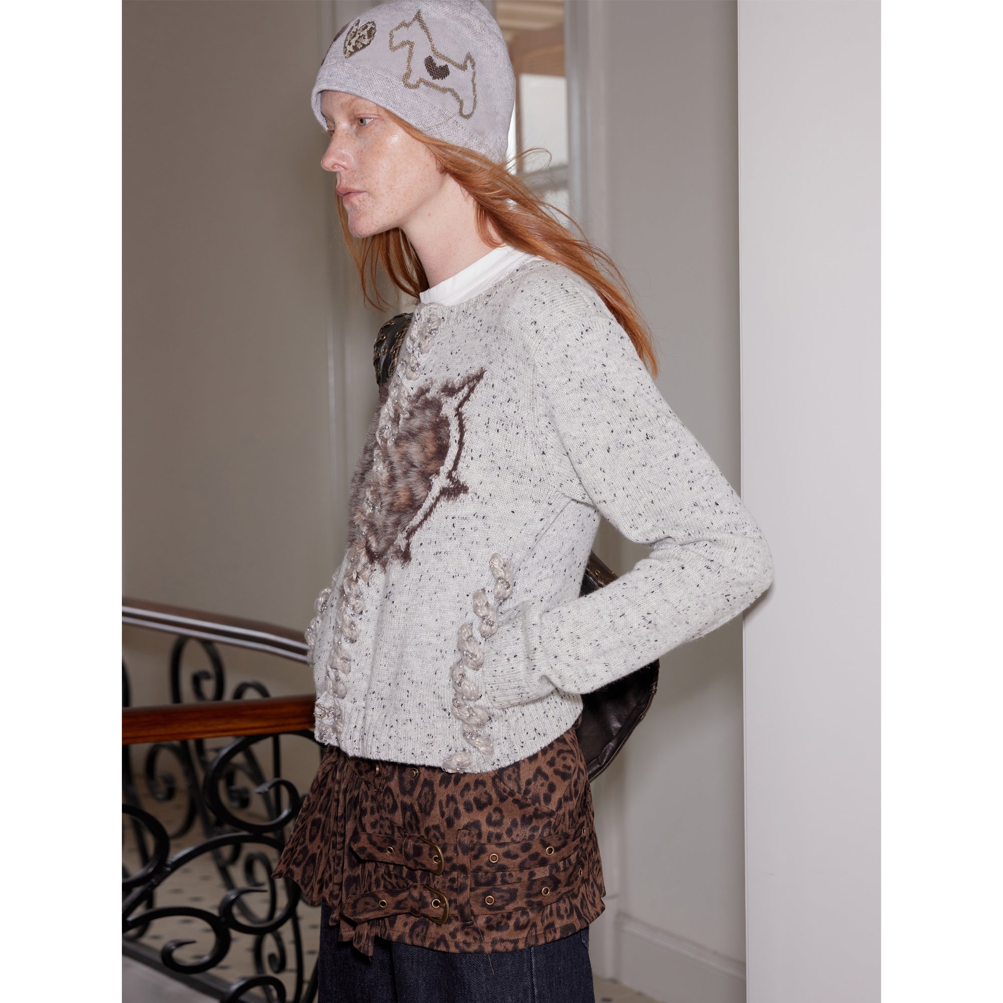 2th Desire Leopard Heart Black White Dog Fair Isle Knit Beanie