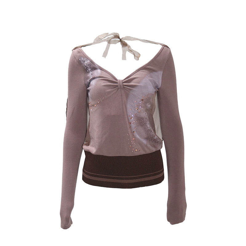Update OPEN AESTHETIC Stretch Knit Mesh Hooded Top With Floral Print And Rhinestones