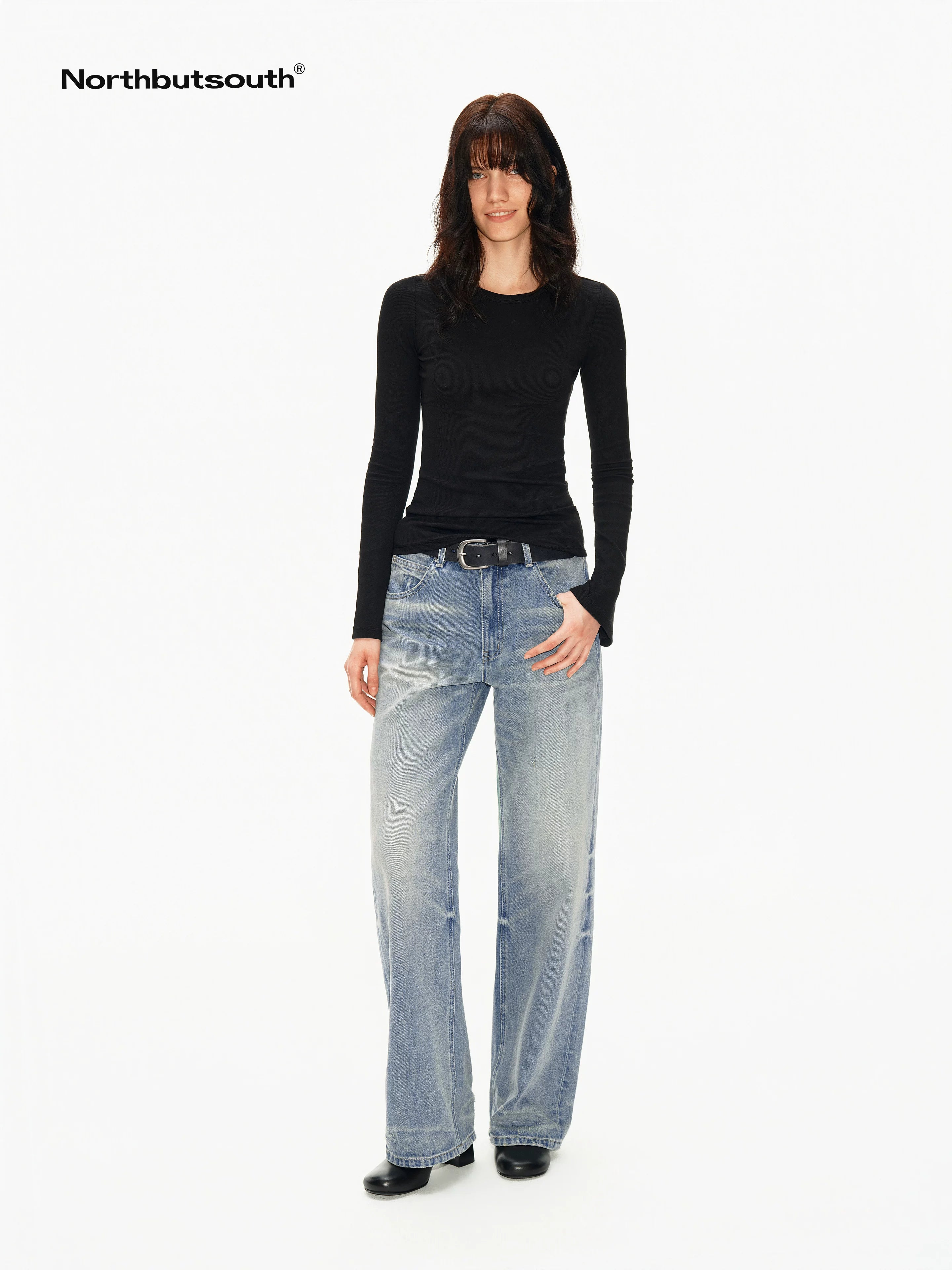 Light Washed Blue Textured Vintage Women&
