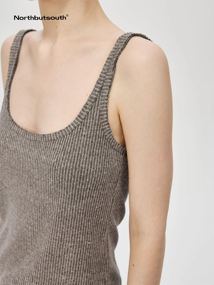 Linen Relaxed Frayed Edge Ribbed Vest