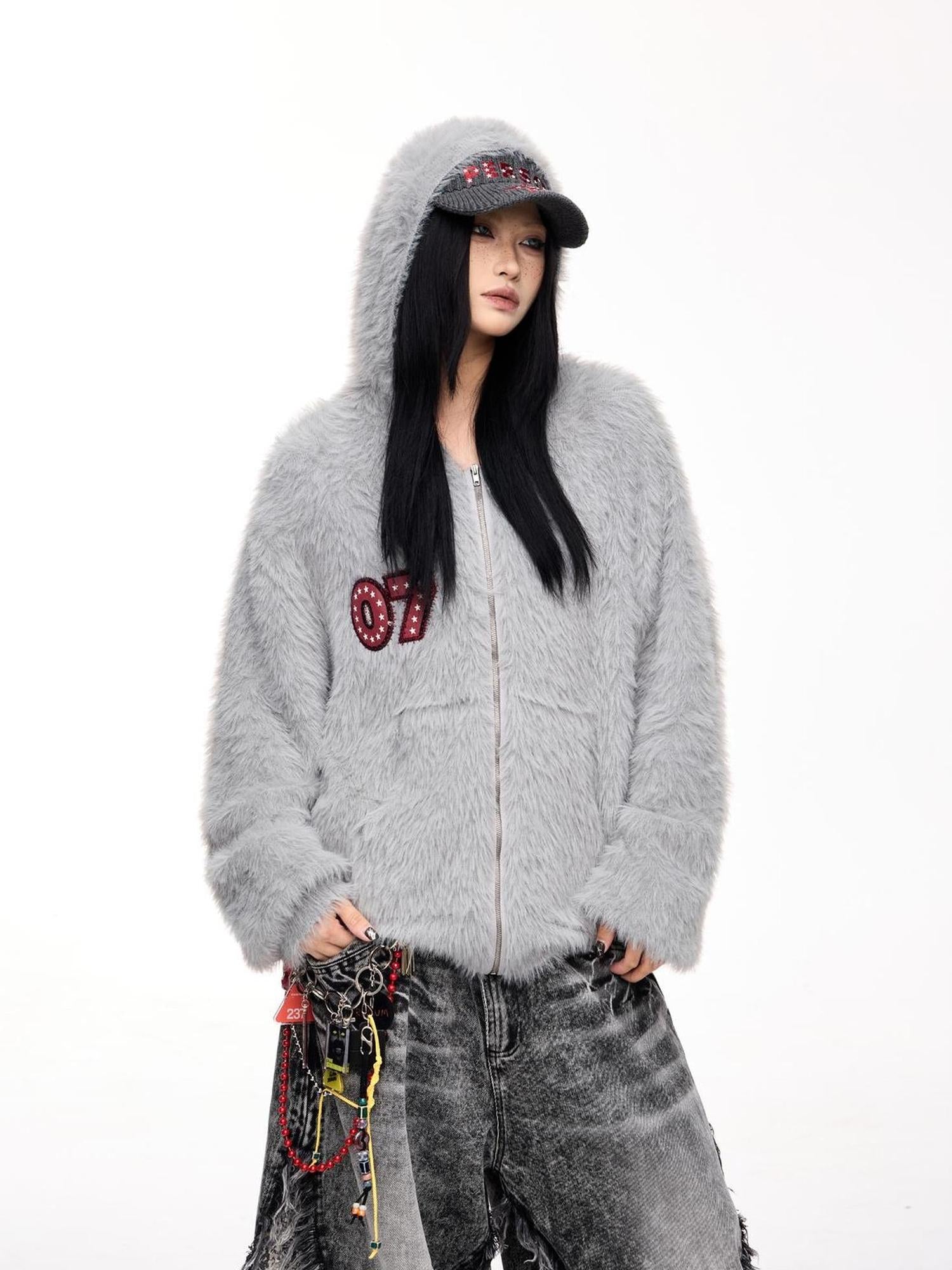 Peoplesense Loose Fit Imitation Sable Wool Hooded Cardigan With Embroidery