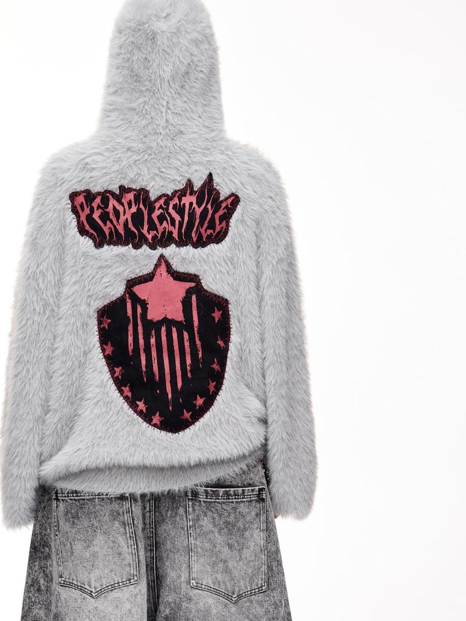 Peoplesense Loose Fit Imitation Sable Wool Hooded Cardigan With Embroidery