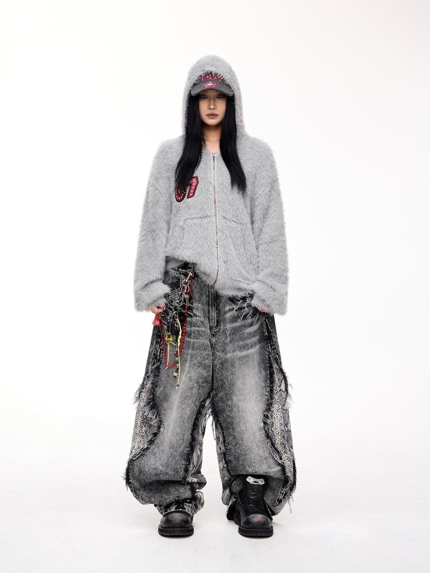 Peoplesense Loose Fit Imitation Sable Wool Hooded Cardigan With Embroidery