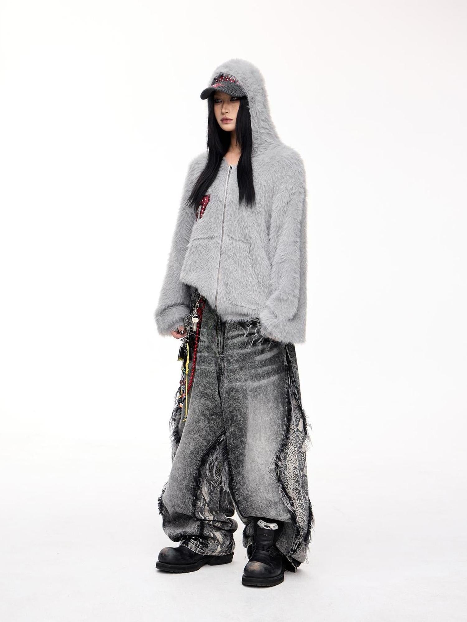 Peoplesense Loose Fit Imitation Sable Wool Hooded Cardigan With Embroidery