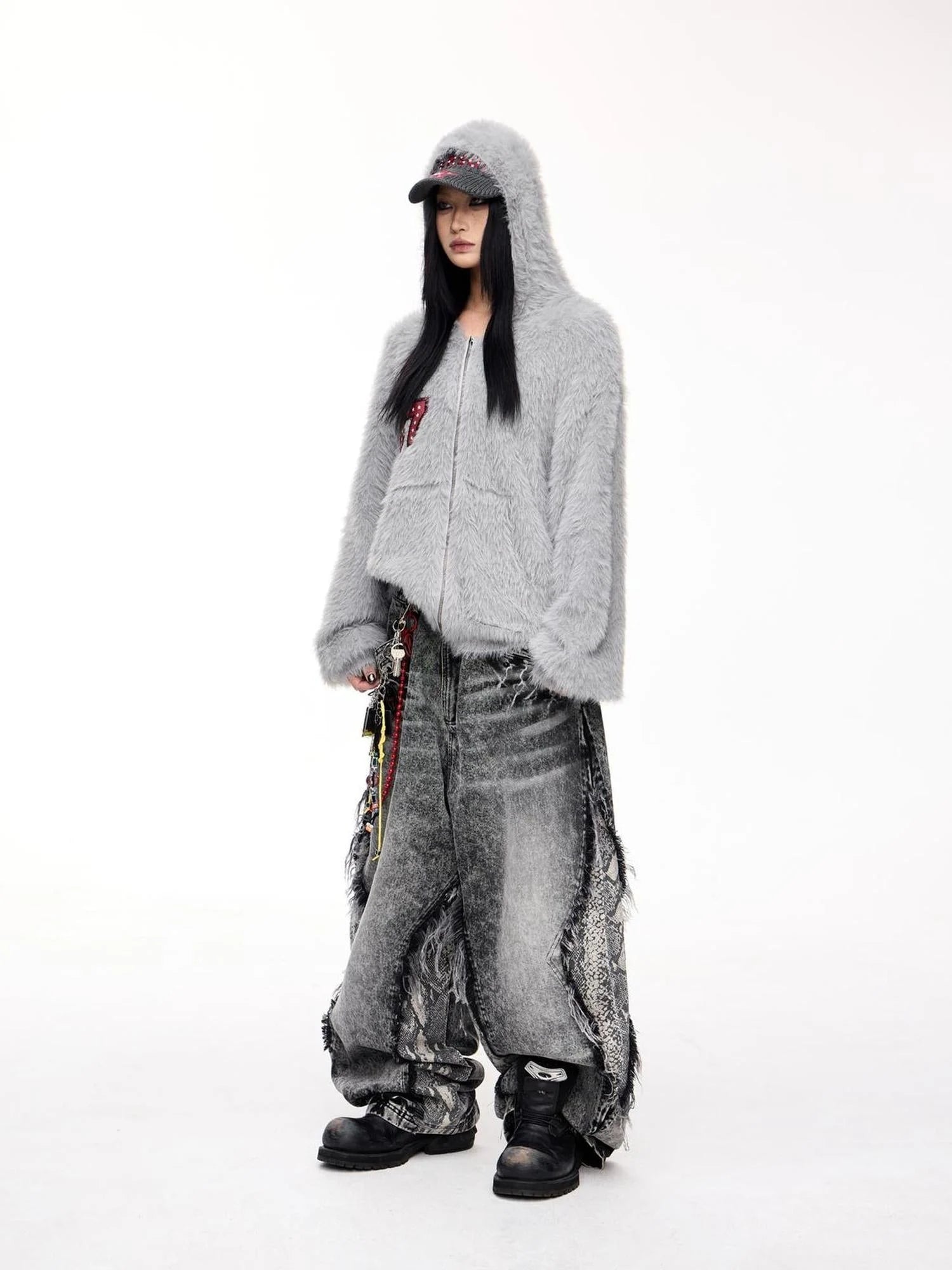 Loose Fit Imitation Sable Wool Hooded Cardigan With Embroidery