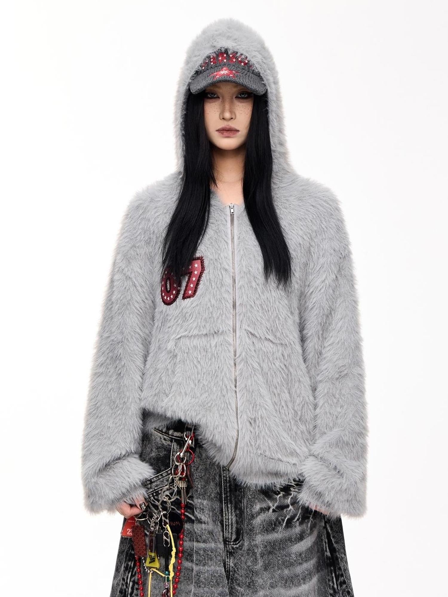Peoplesense Loose Fit Imitation Sable Wool Hooded Cardigan With Embroidery