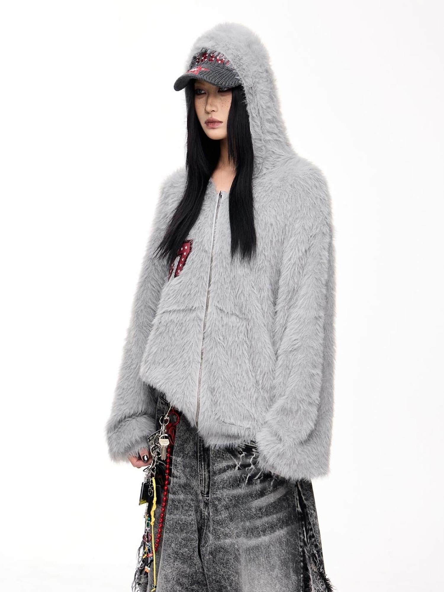Peoplesense Loose Fit Imitation Sable Wool Hooded Cardigan With Embroidery