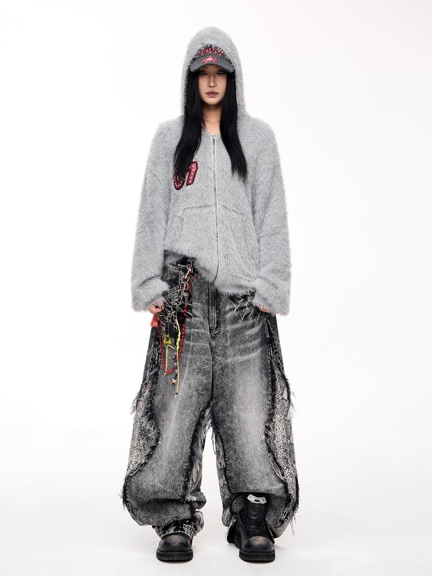 Peoplesense Loose Fit Imitation Sable Wool Hooded Cardigan With Embroidery