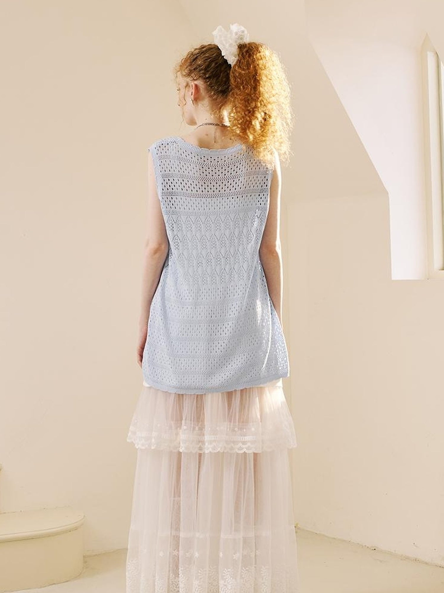 DIDDI MODA Loose Knit Vest With Bow Embroidery And Hollow Out