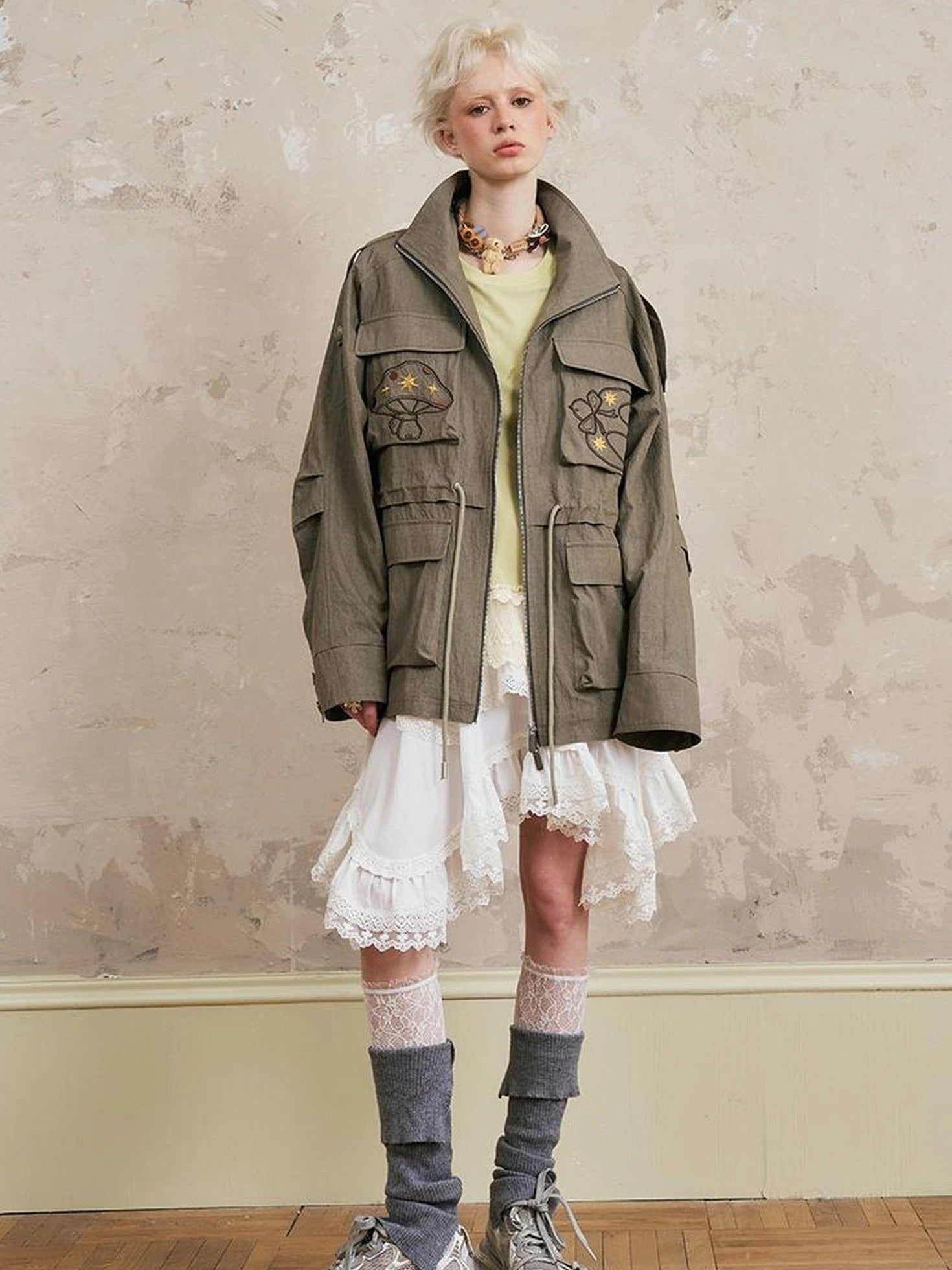 Loose Oversized Embroidered Utility Trench Coat With Adjustable Waist