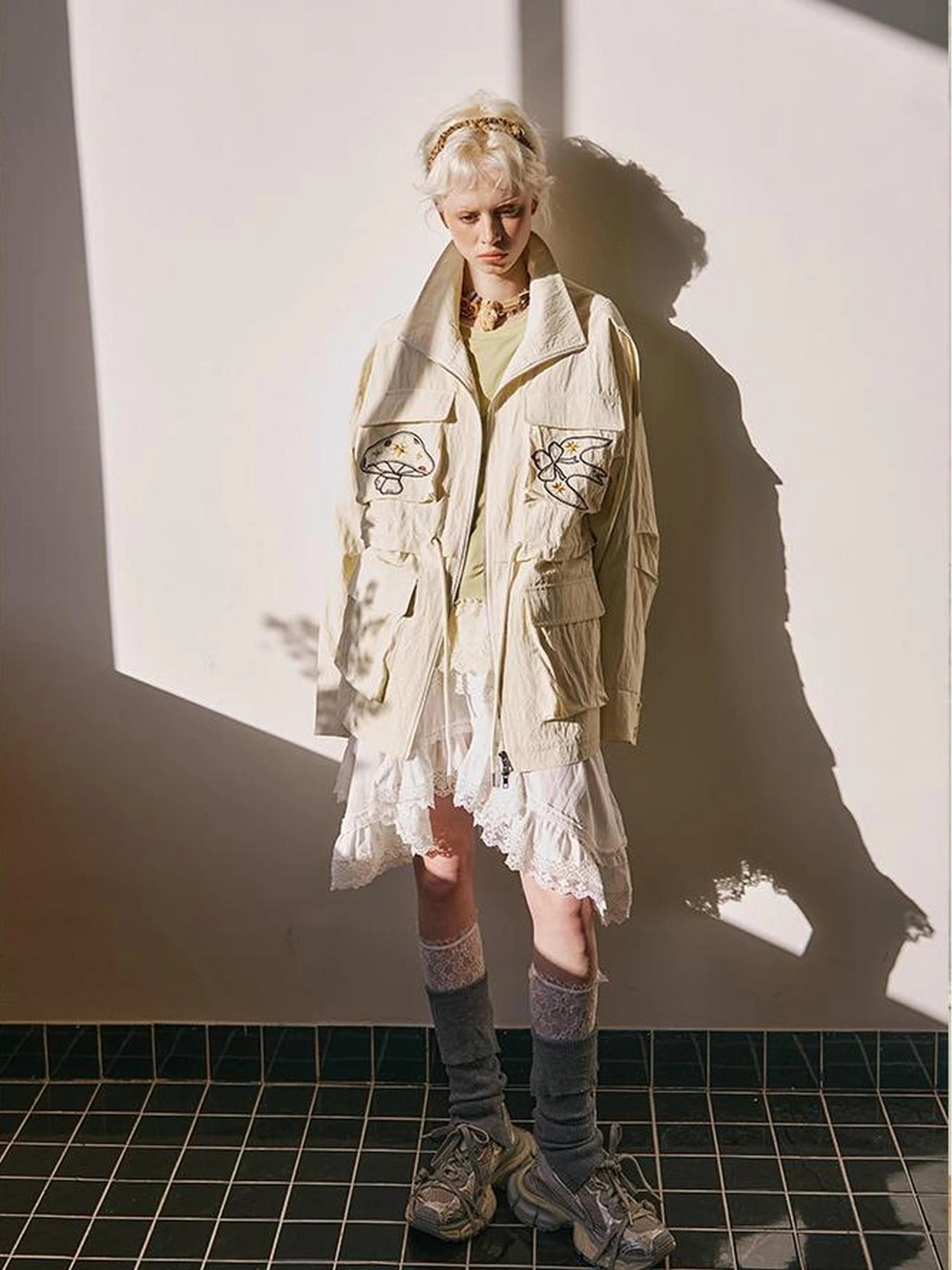 Loose Oversized Embroidered Utility Trench Coat With Adjustable Waist