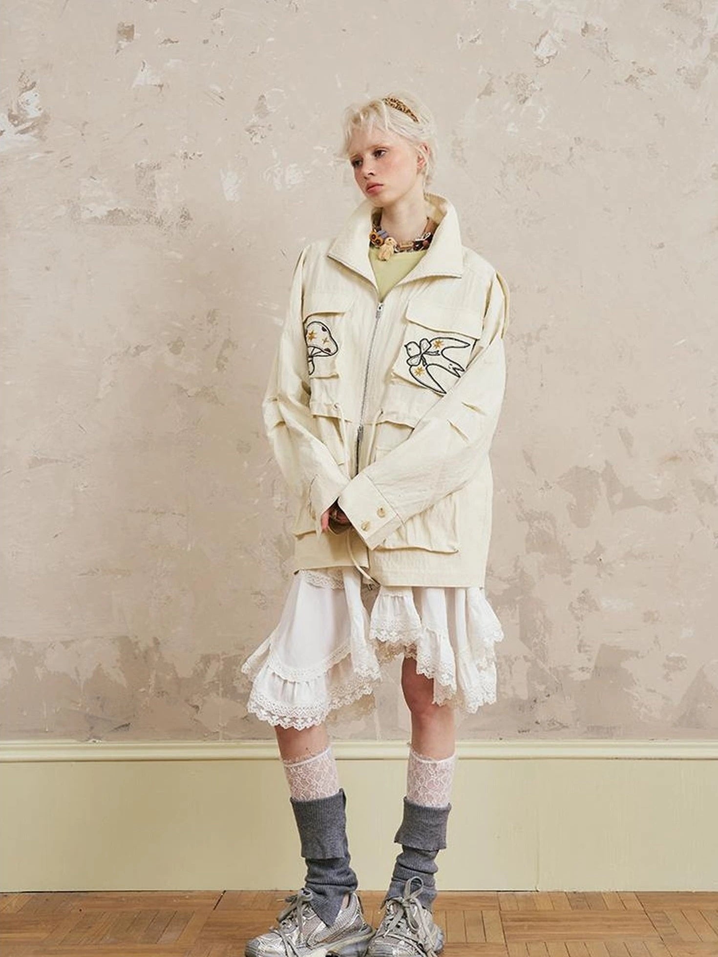 Loose Oversized Embroidered Utility Trench Coat With Adjustable Waist