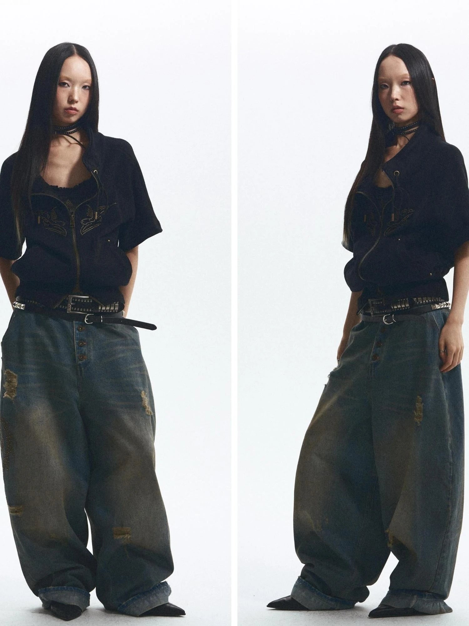 Loose Stand Collar Multi Panel Ribbed Hoodie With Double Zipper