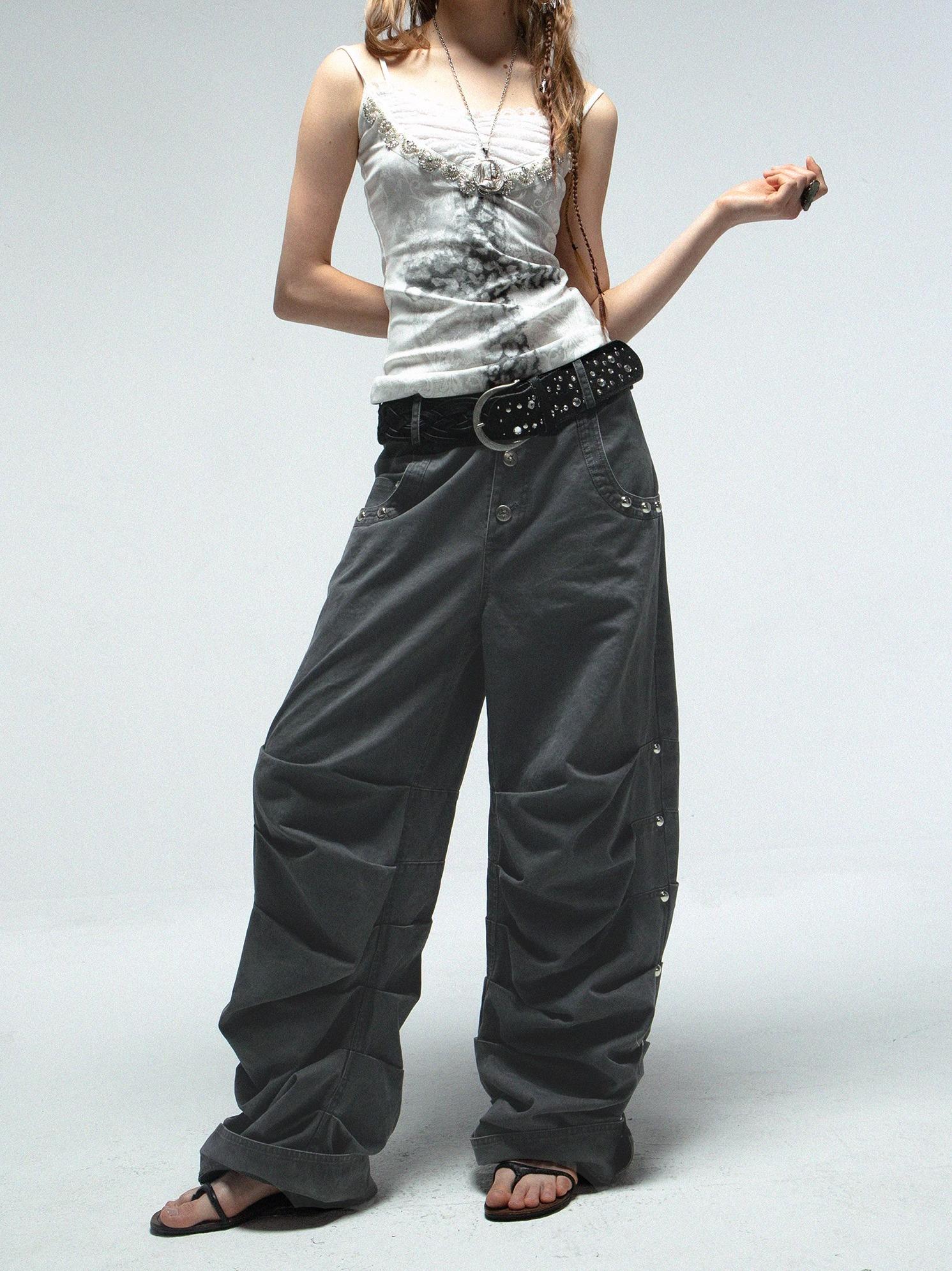 Doublepunch Low Mid Rise Loose Stacked Washed Cotton Pants