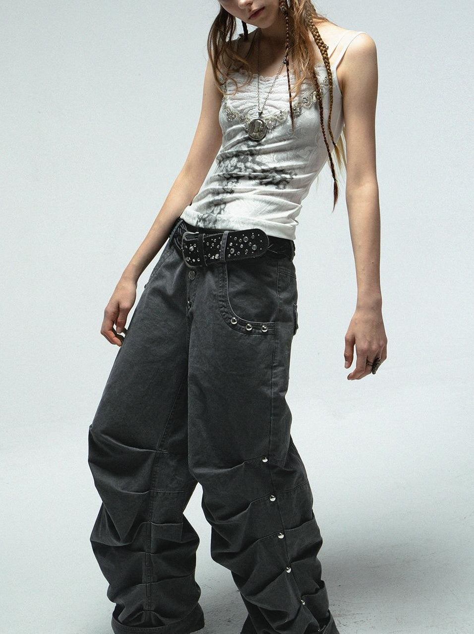 Doublepunch Low Mid Rise Loose Stacked Washed Cotton Pants