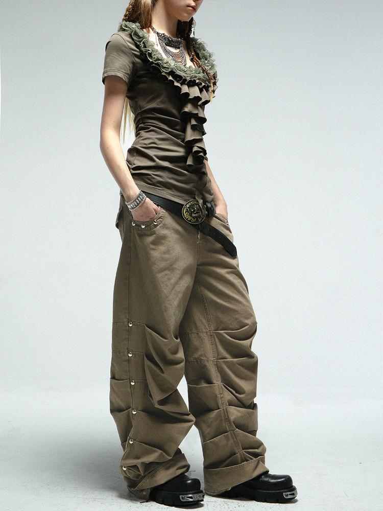 Doublepunch Low Mid Rise Loose Stacked Washed Cotton Pants