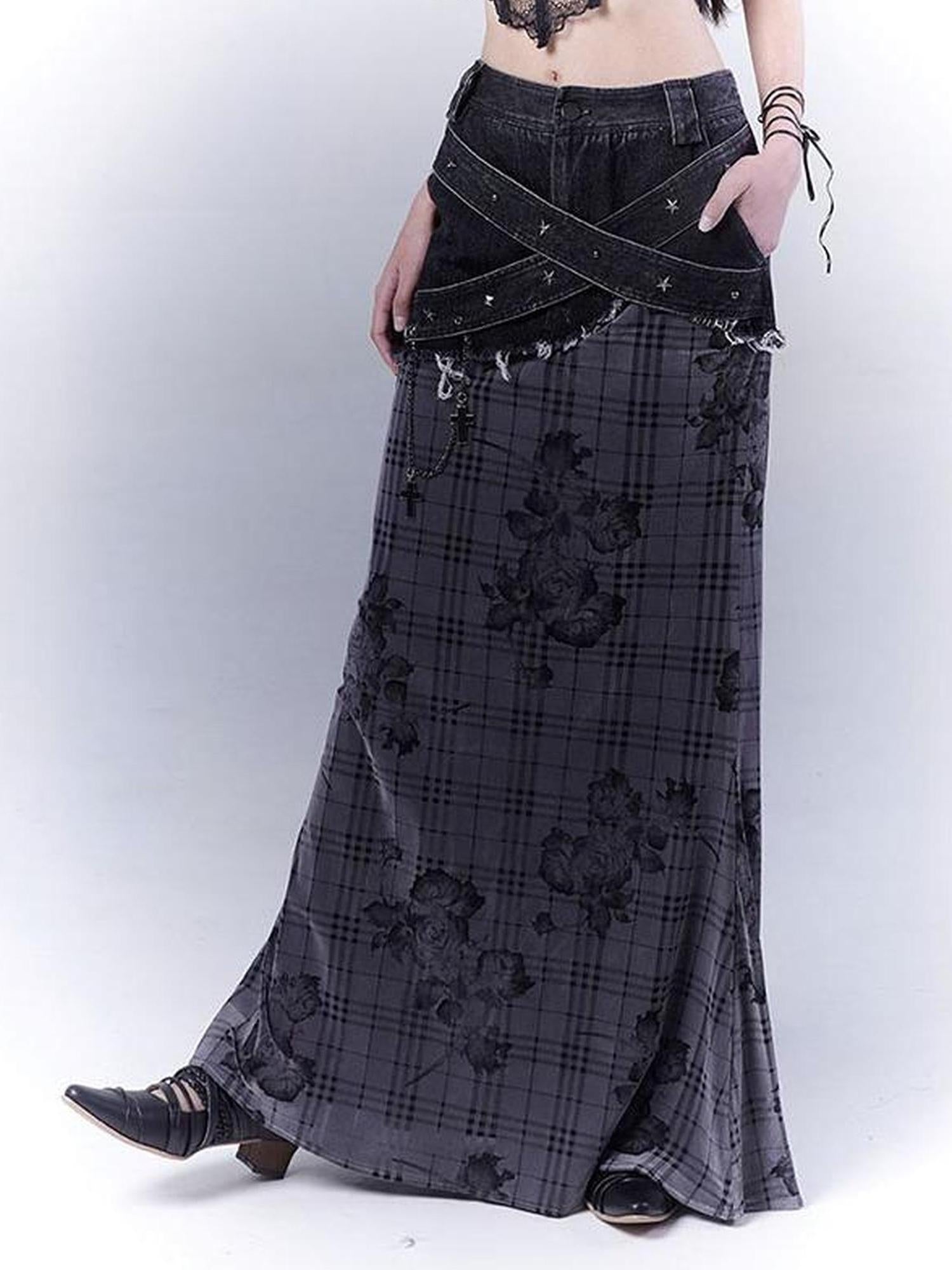 WSW WUSHENWU Low Saturation Denim Patchwork Rose Plaid Skirt