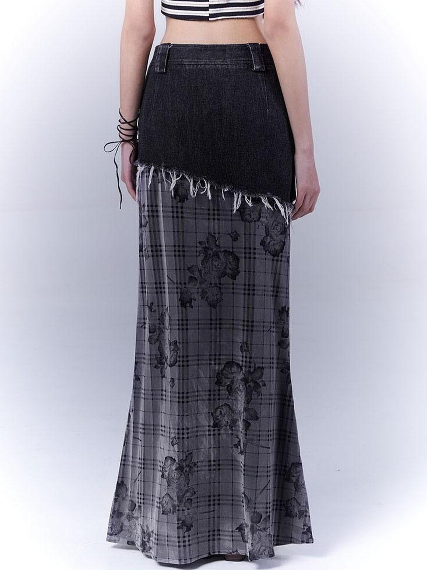 WSW WUSHENWU Low Saturation Denim Patchwork Rose Plaid Skirt