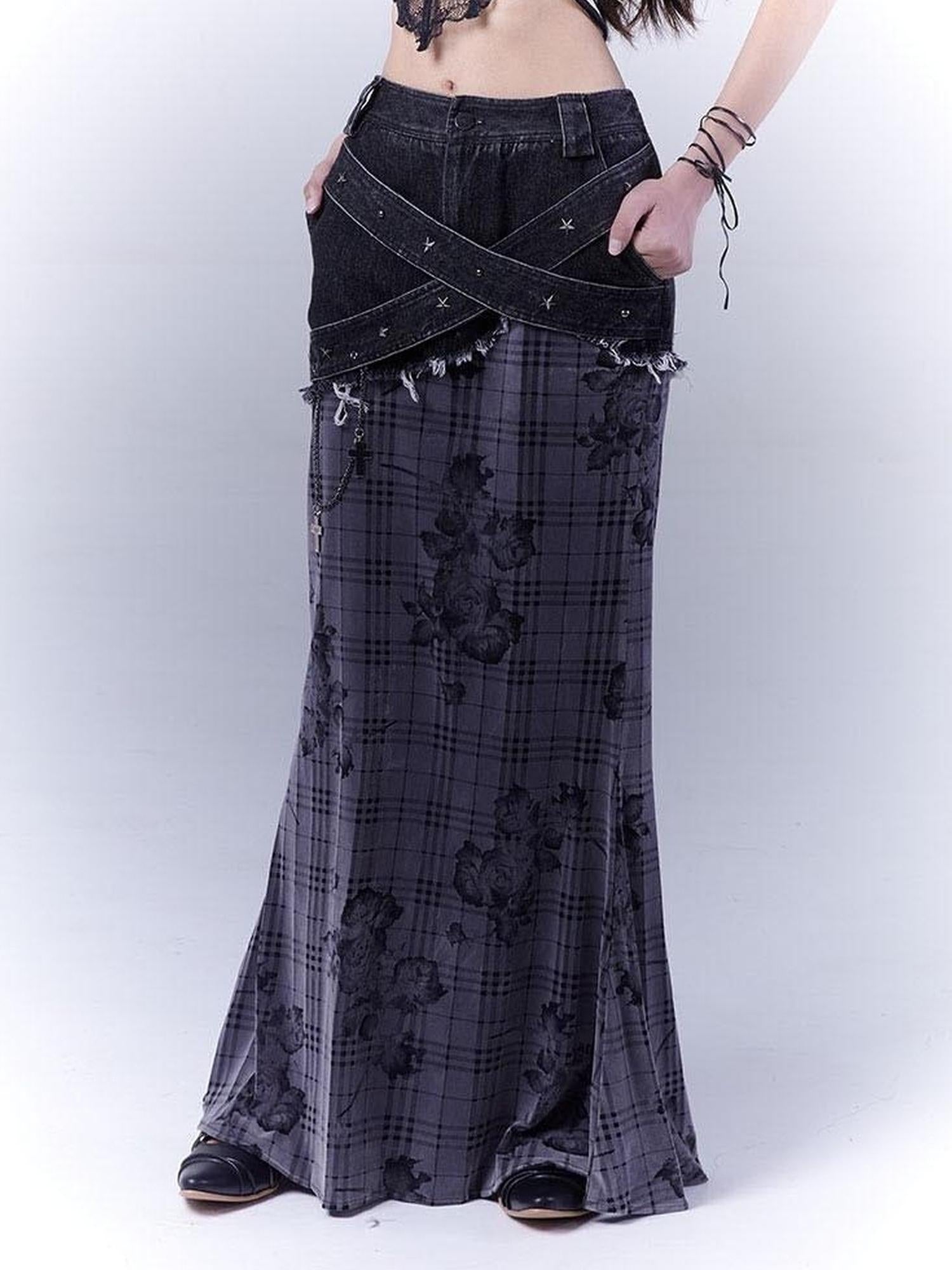 WSW WUSHENWU Low Saturation Denim Patchwork Rose Plaid Skirt