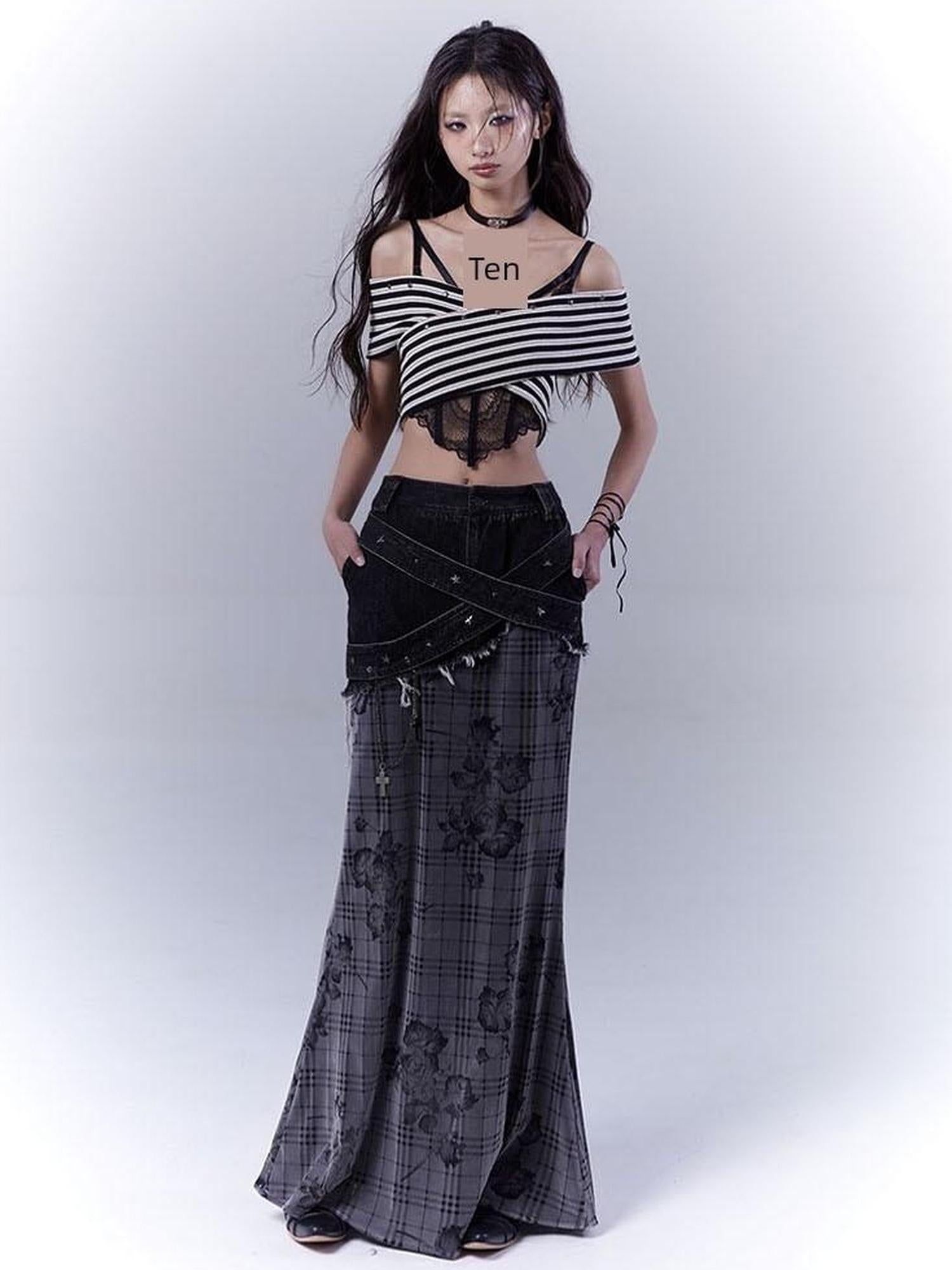 WSW WUSHENWU Low Saturation Denim Patchwork Rose Plaid Skirt
