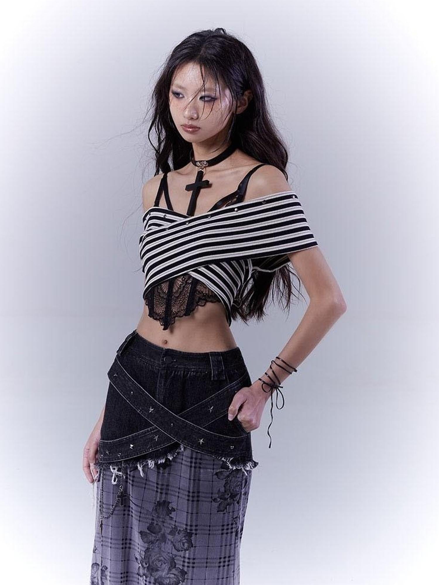 WSW WUSHENWU Low Saturation Denim Patchwork Rose Plaid Skirt