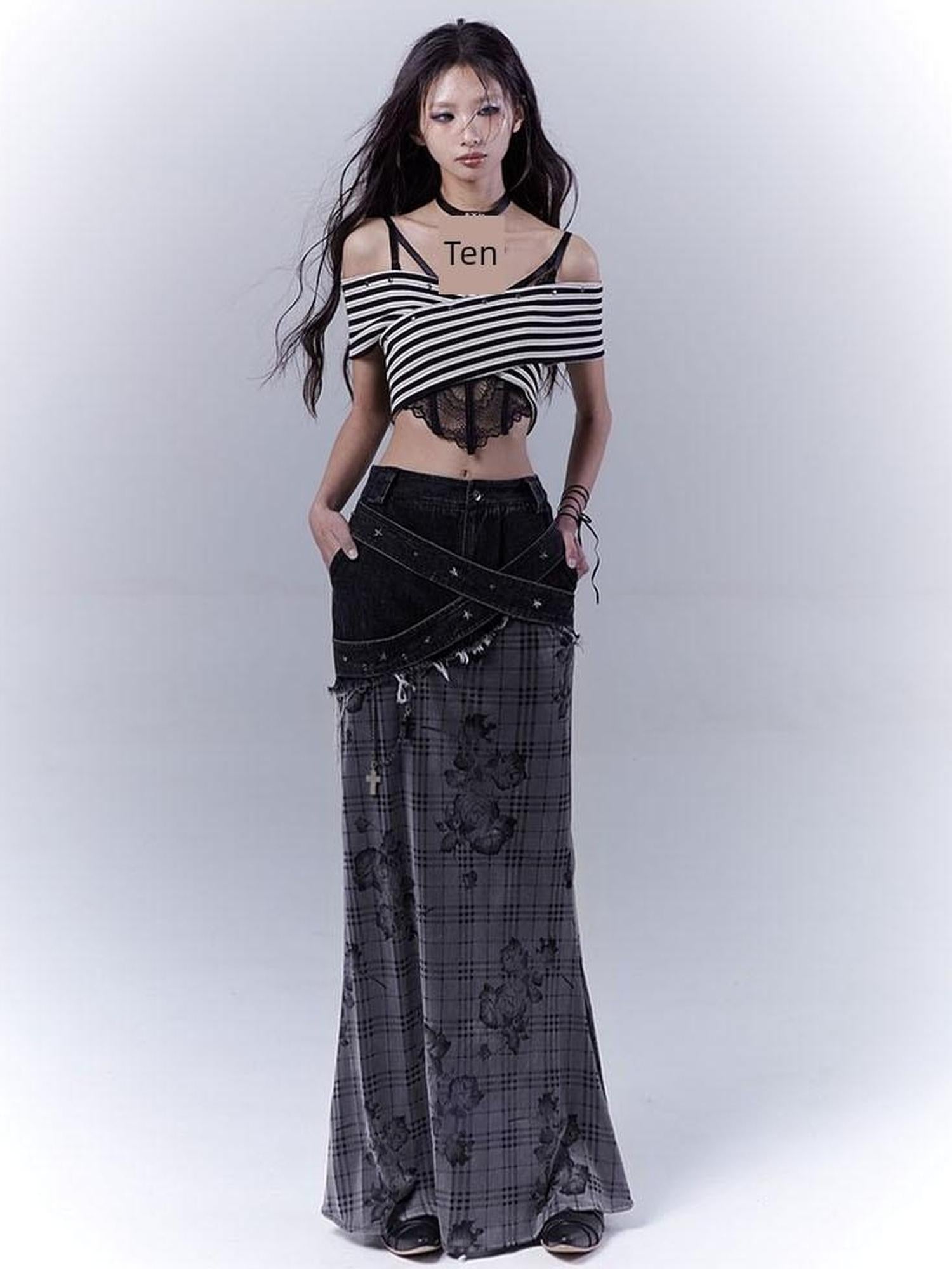 WSW WUSHENWU Low Saturation Denim Patchwork Rose Plaid Skirt