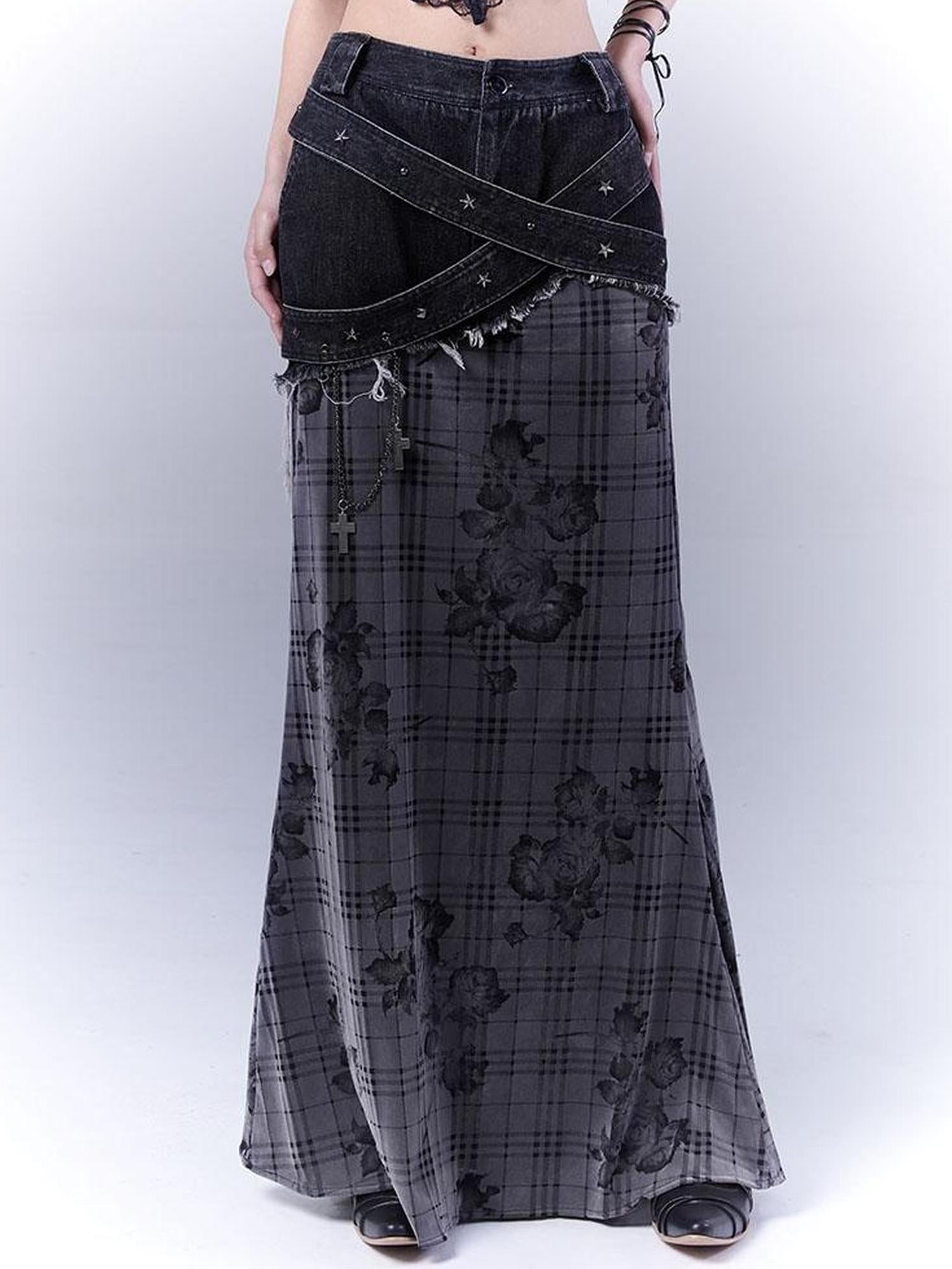 WSW WUSHENWU Low Saturation Denim Patchwork Rose Plaid Skirt