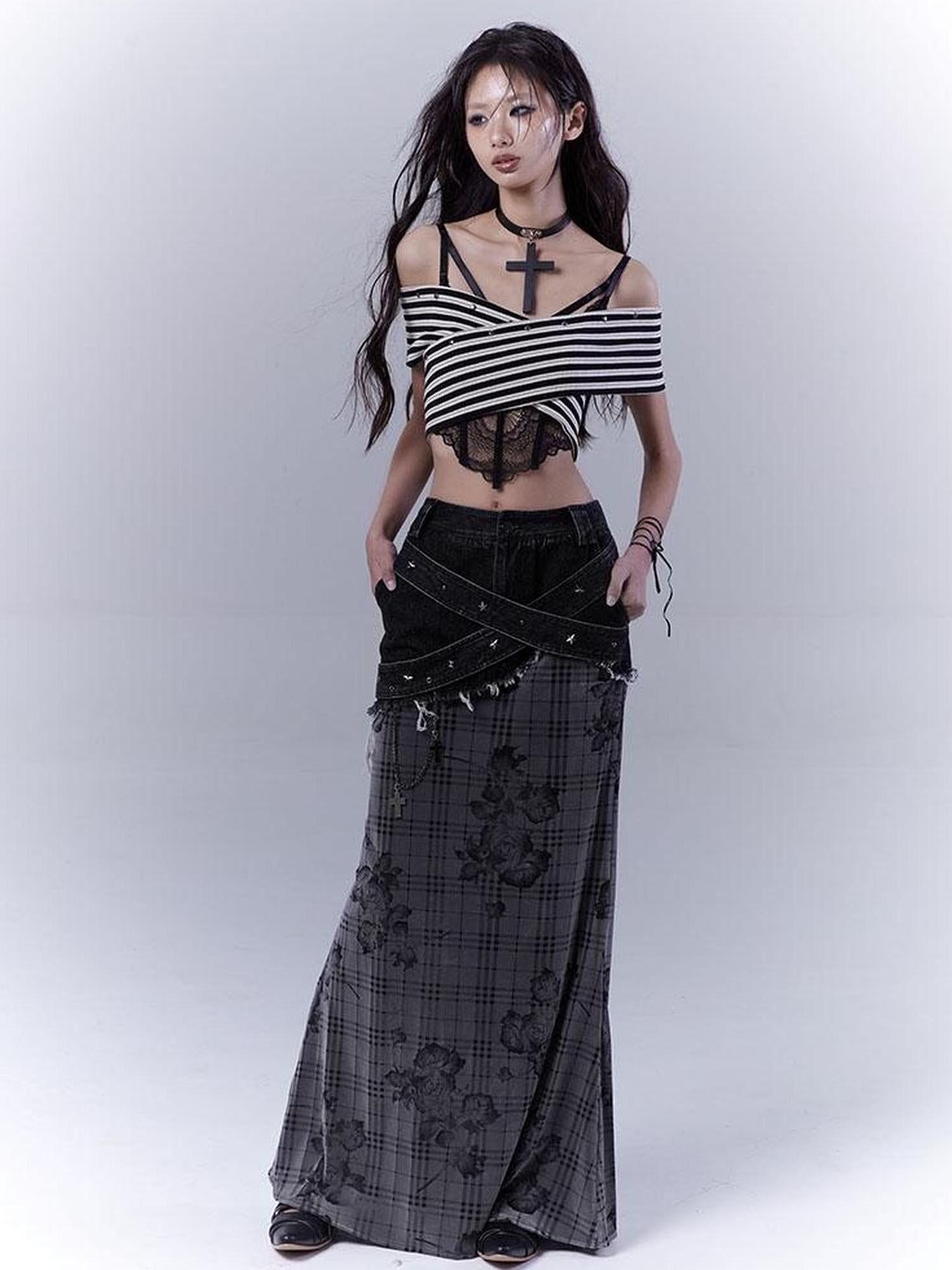 WSW WUSHENWU Low Saturation Denim Patchwork Rose Plaid Skirt