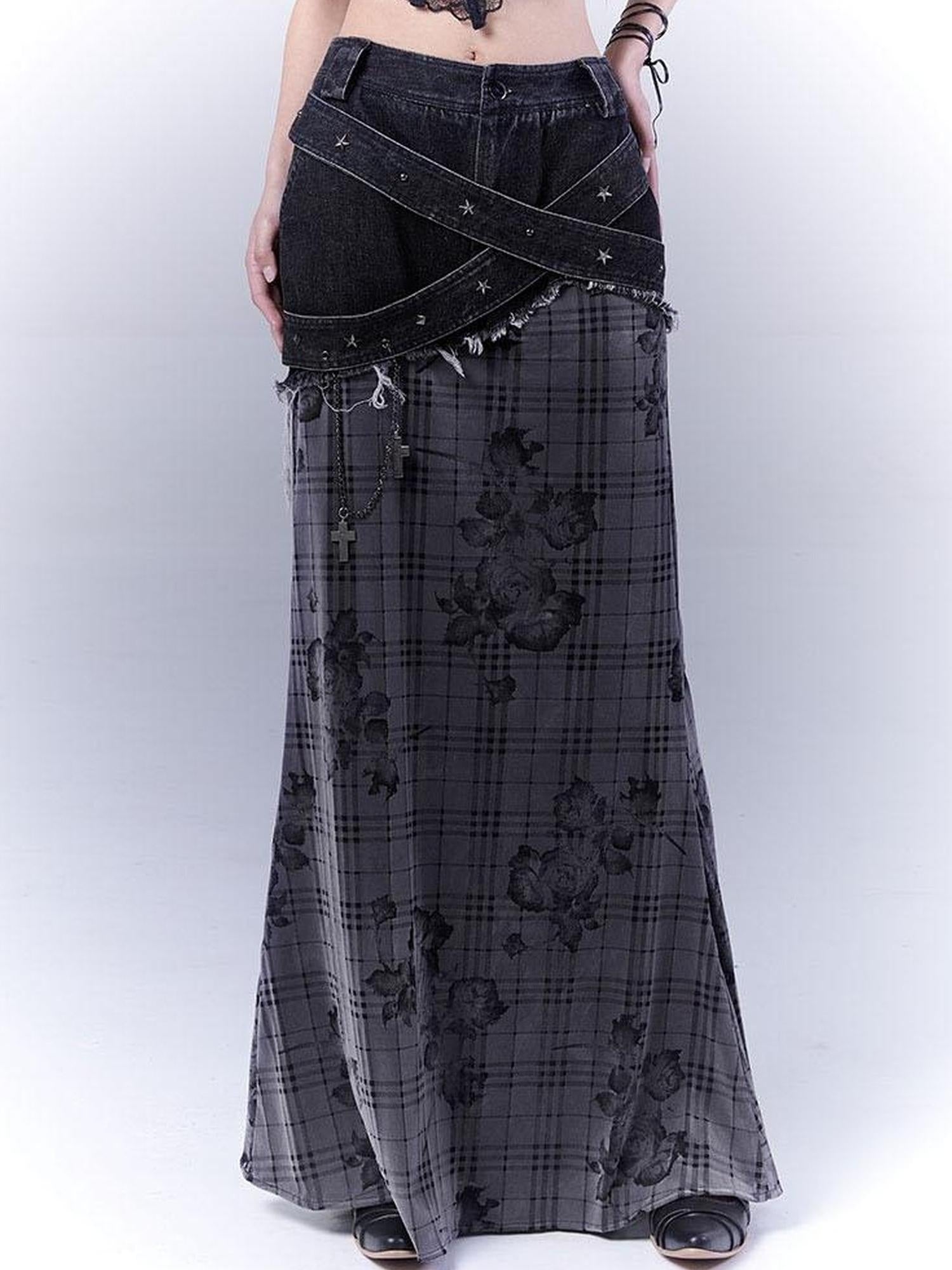 WSW WUSHENWU Low Saturation Denim Patchwork Rose Plaid Skirt