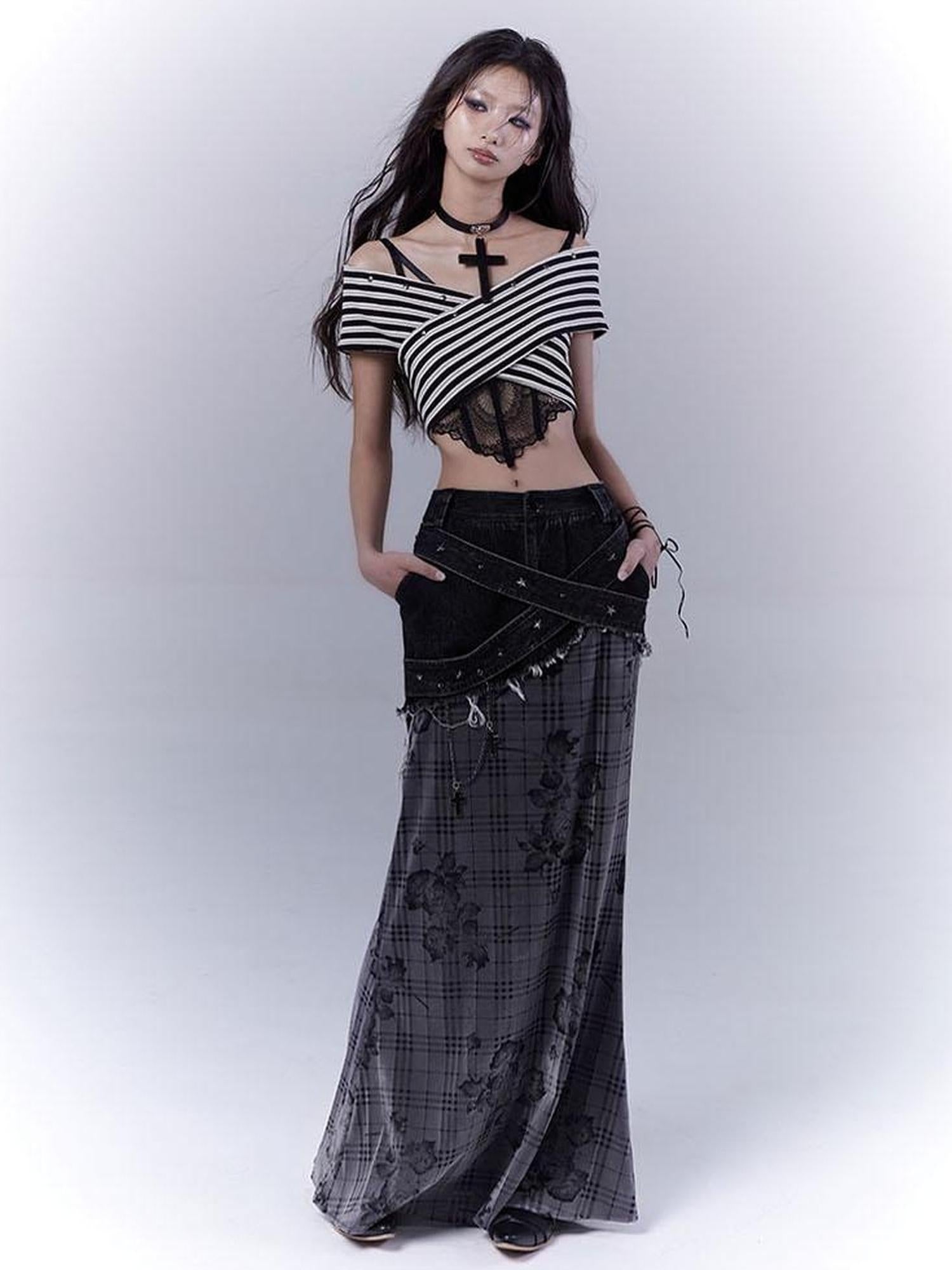 WSW WUSHENWU Low Saturation Denim Patchwork Rose Plaid Skirt