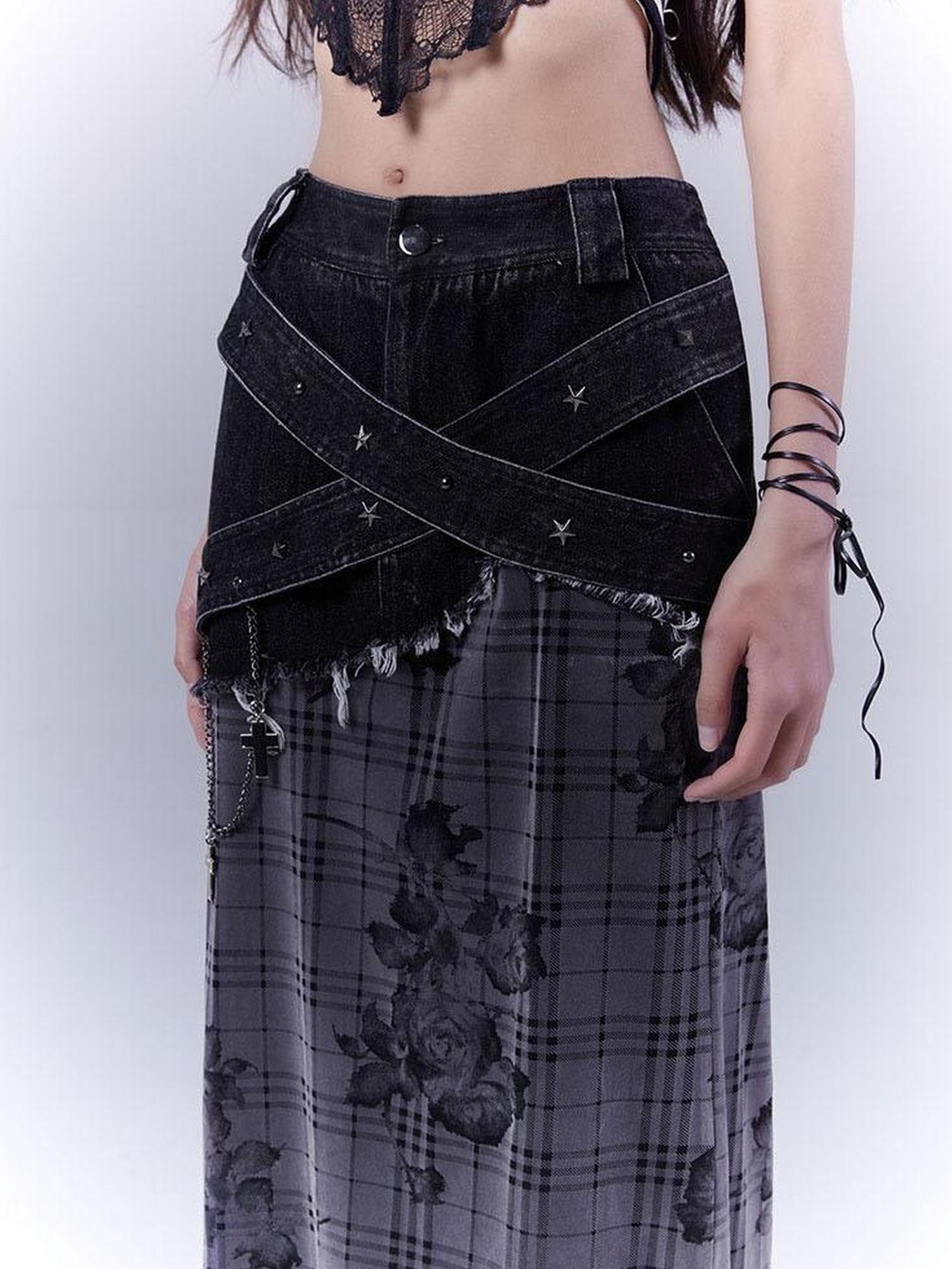 WSW WUSHENWU Low Saturation Denim Patchwork Rose Plaid Skirt